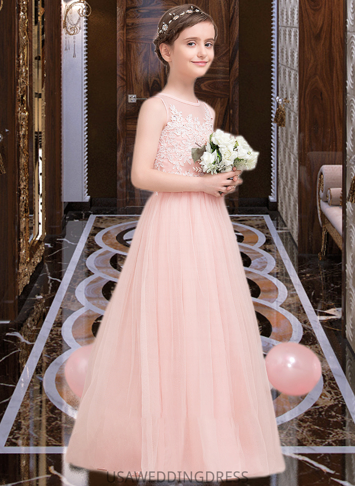 Diamond A-Line Scoop Neck Floor-Length Tulle Junior Bridesmaid Dress With Beading Sequins DSP0013444