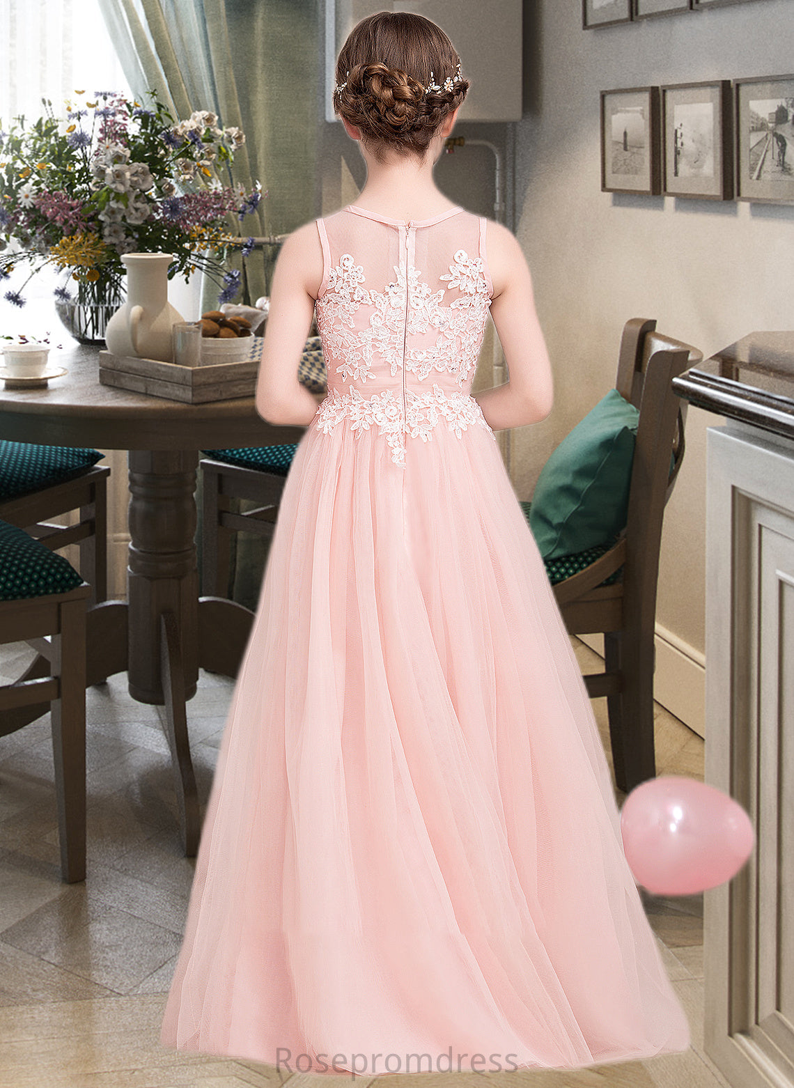 Mariela A-Line Scoop Neck Floor-Length Tulle Junior Bridesmaid Dress With Beading Sequins SRSP0013444