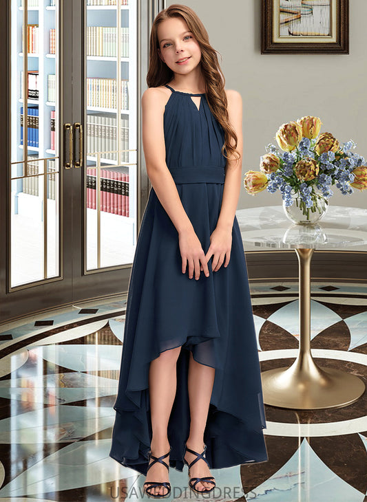 Sally A-Line Scoop Neck Asymmetrical Chiffon Junior Bridesmaid Dress With Bow(s) Ruffles DSP0013445