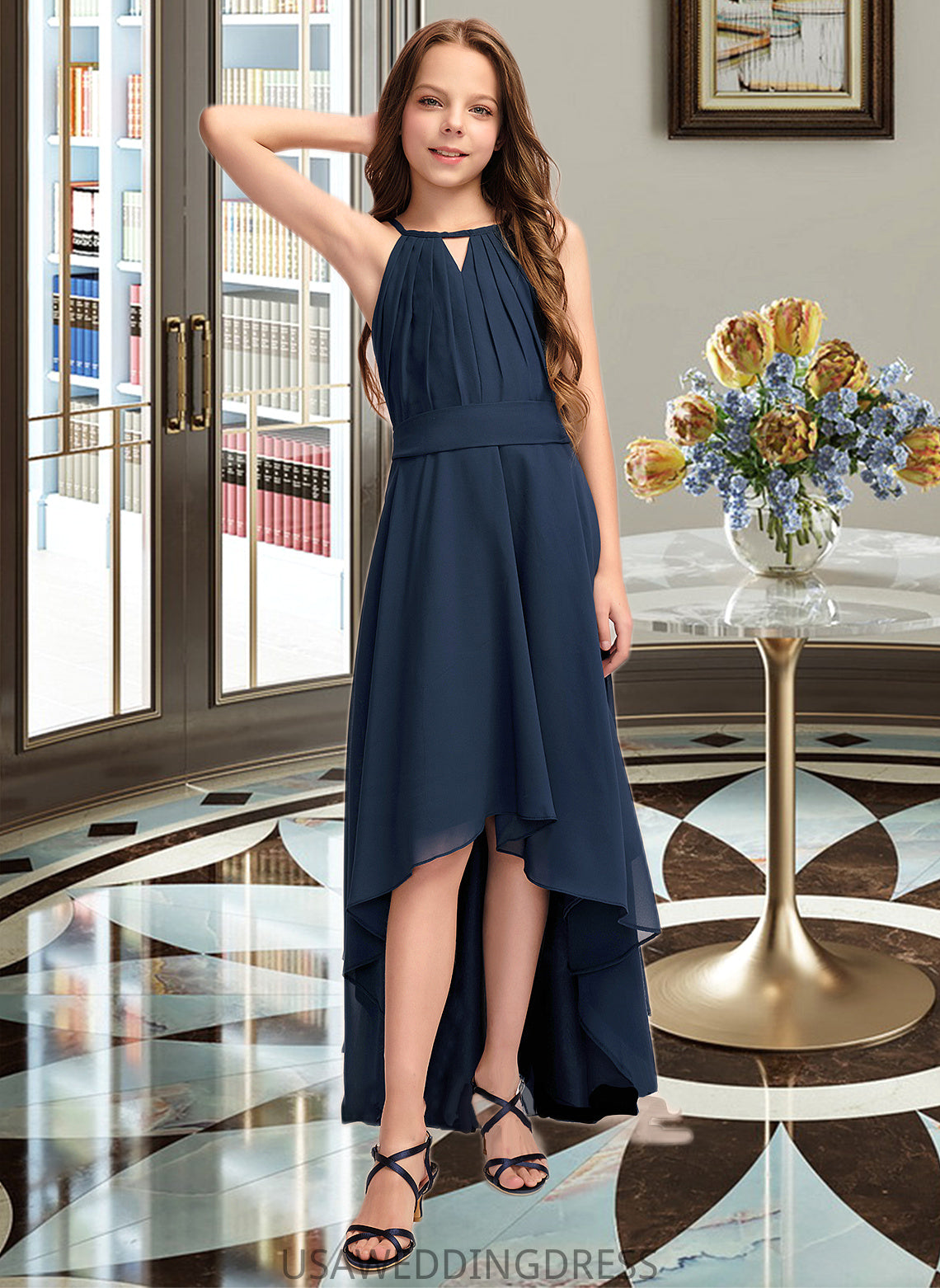 Sally A-Line Scoop Neck Asymmetrical Chiffon Junior Bridesmaid Dress With Bow(s) Ruffles DSP0013445