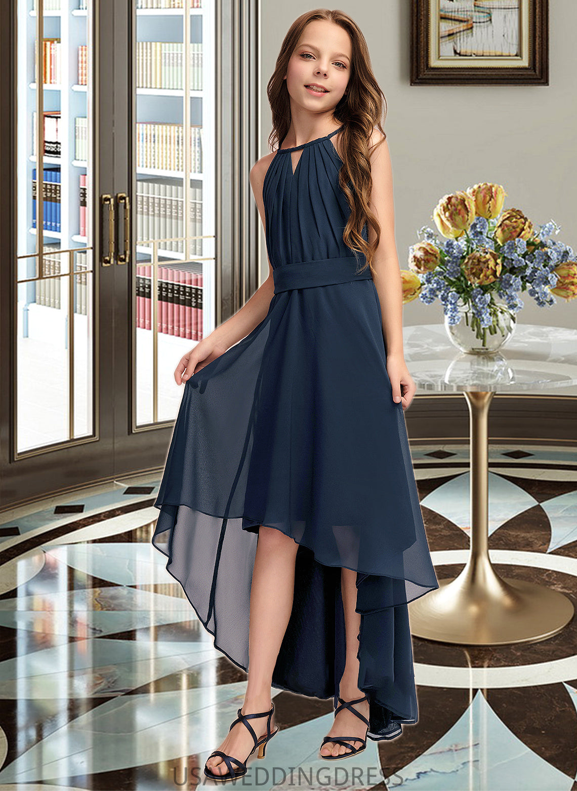 Sally A-Line Scoop Neck Asymmetrical Chiffon Junior Bridesmaid Dress With Bow(s) Ruffles DSP0013445