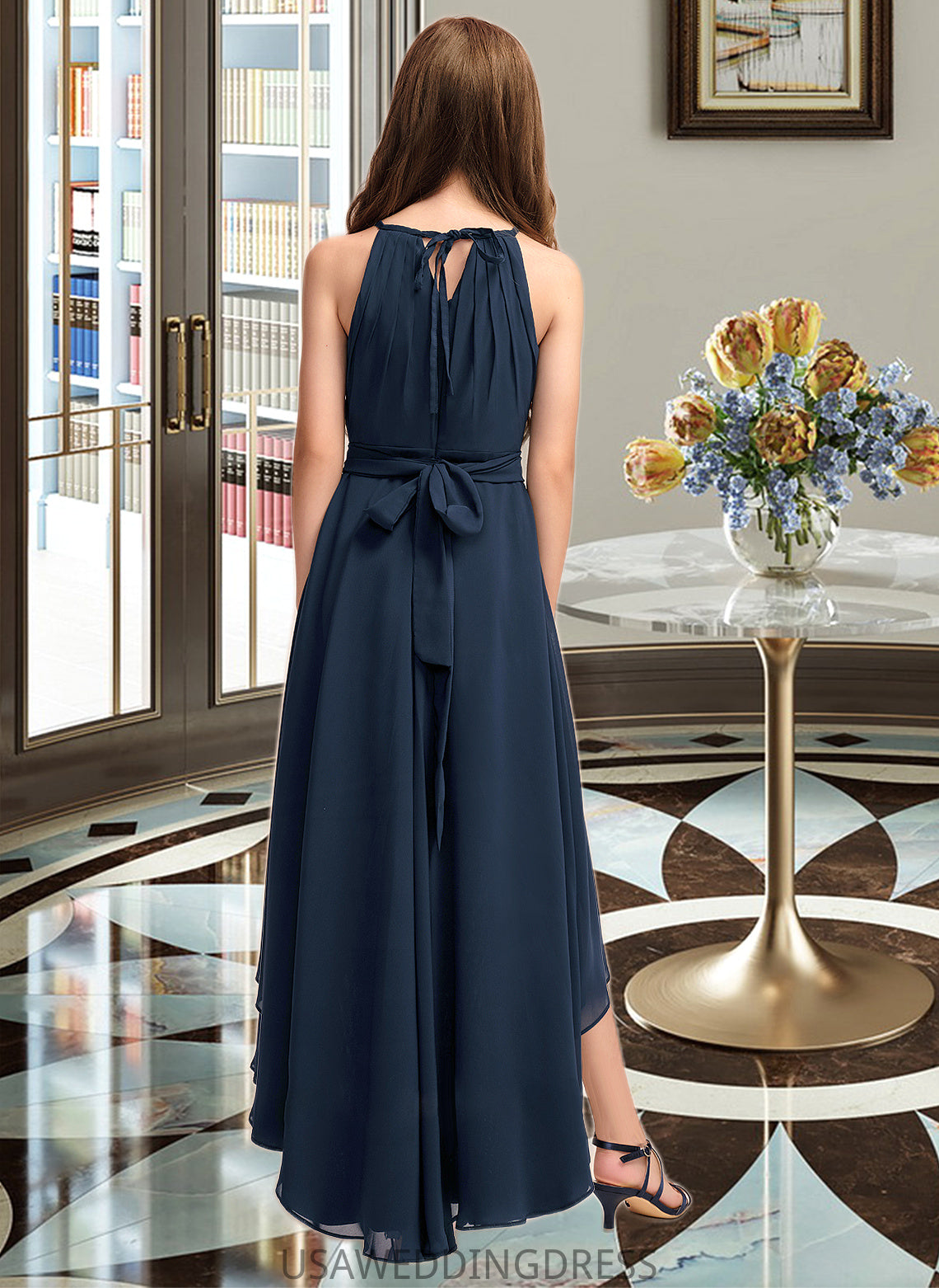 Sally A-Line Scoop Neck Asymmetrical Chiffon Junior Bridesmaid Dress With Bow(s) Ruffles DSP0013445