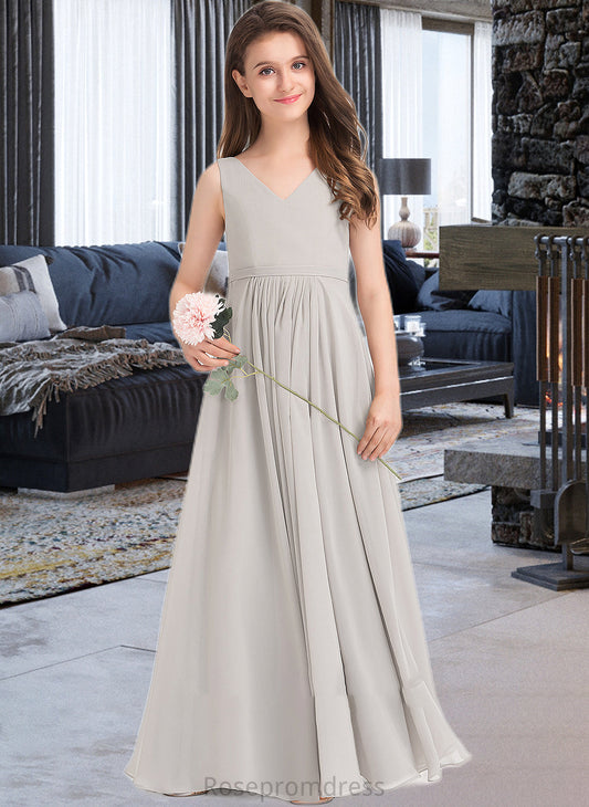 Maritza A-Line V-neck Floor-Length Chiffon Junior Bridesmaid Dress With Pockets SRSP0013446