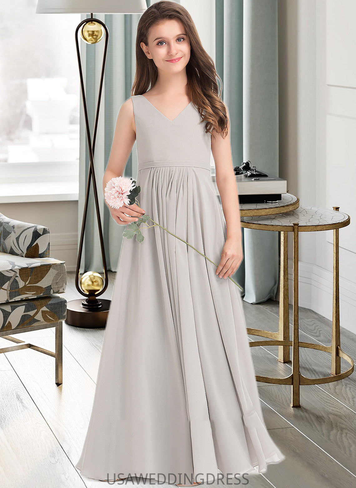 Alyson A-Line V-neck Floor-Length Chiffon Junior Bridesmaid Dress With Pockets DSP0013446