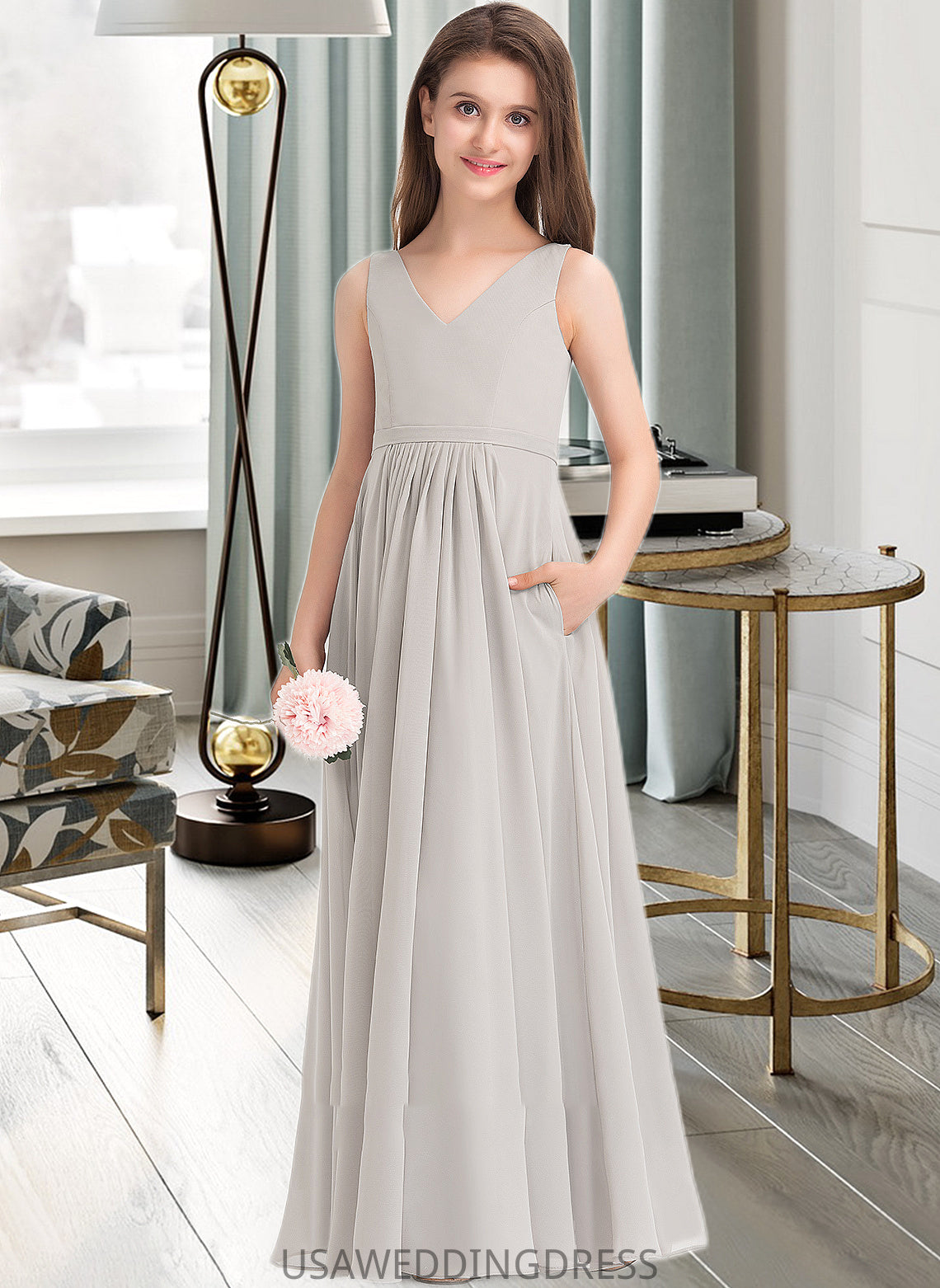 Alyson A-Line V-neck Floor-Length Chiffon Junior Bridesmaid Dress With Pockets DSP0013446