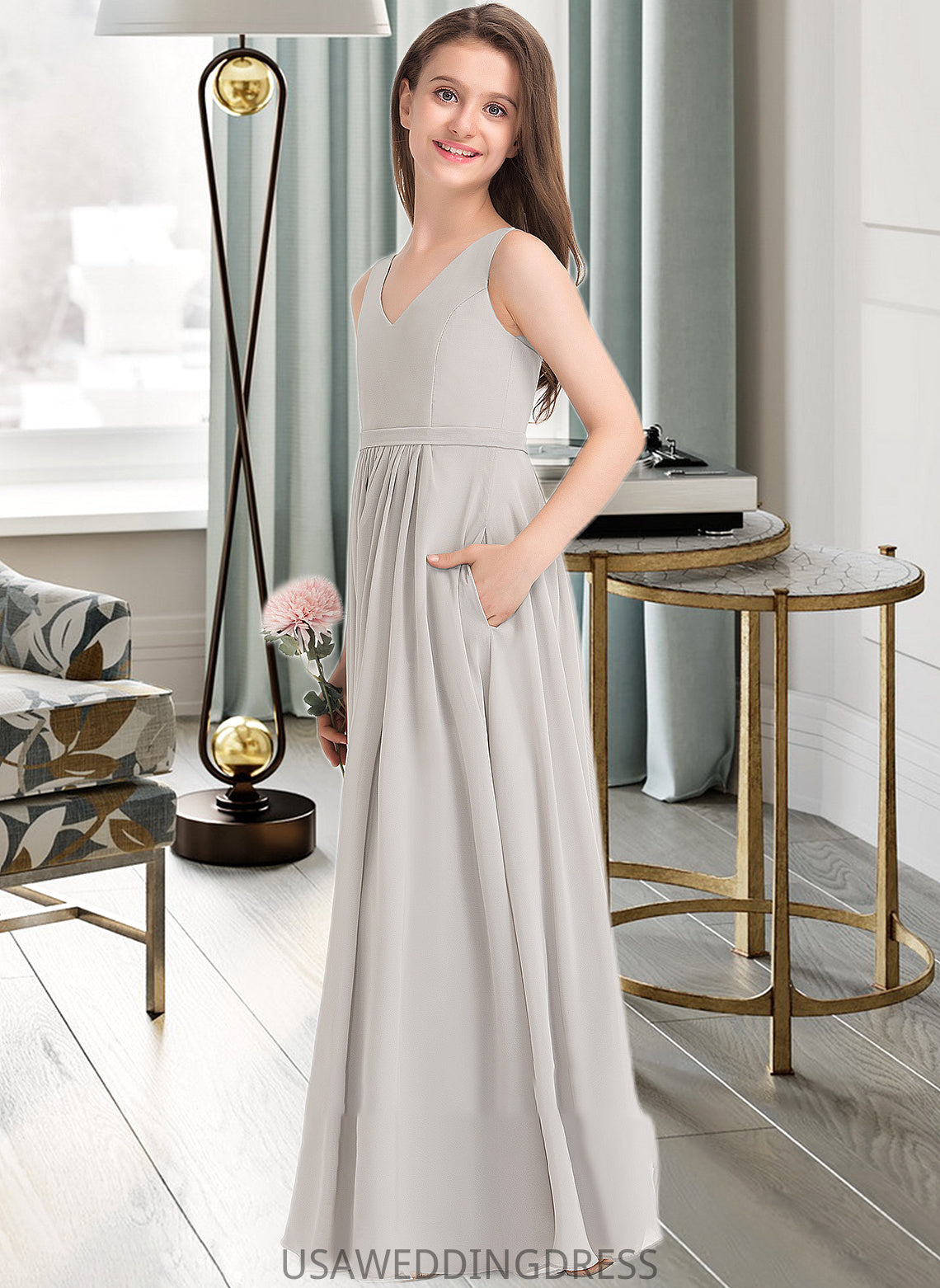 Alyson A-Line V-neck Floor-Length Chiffon Junior Bridesmaid Dress With Pockets DSP0013446