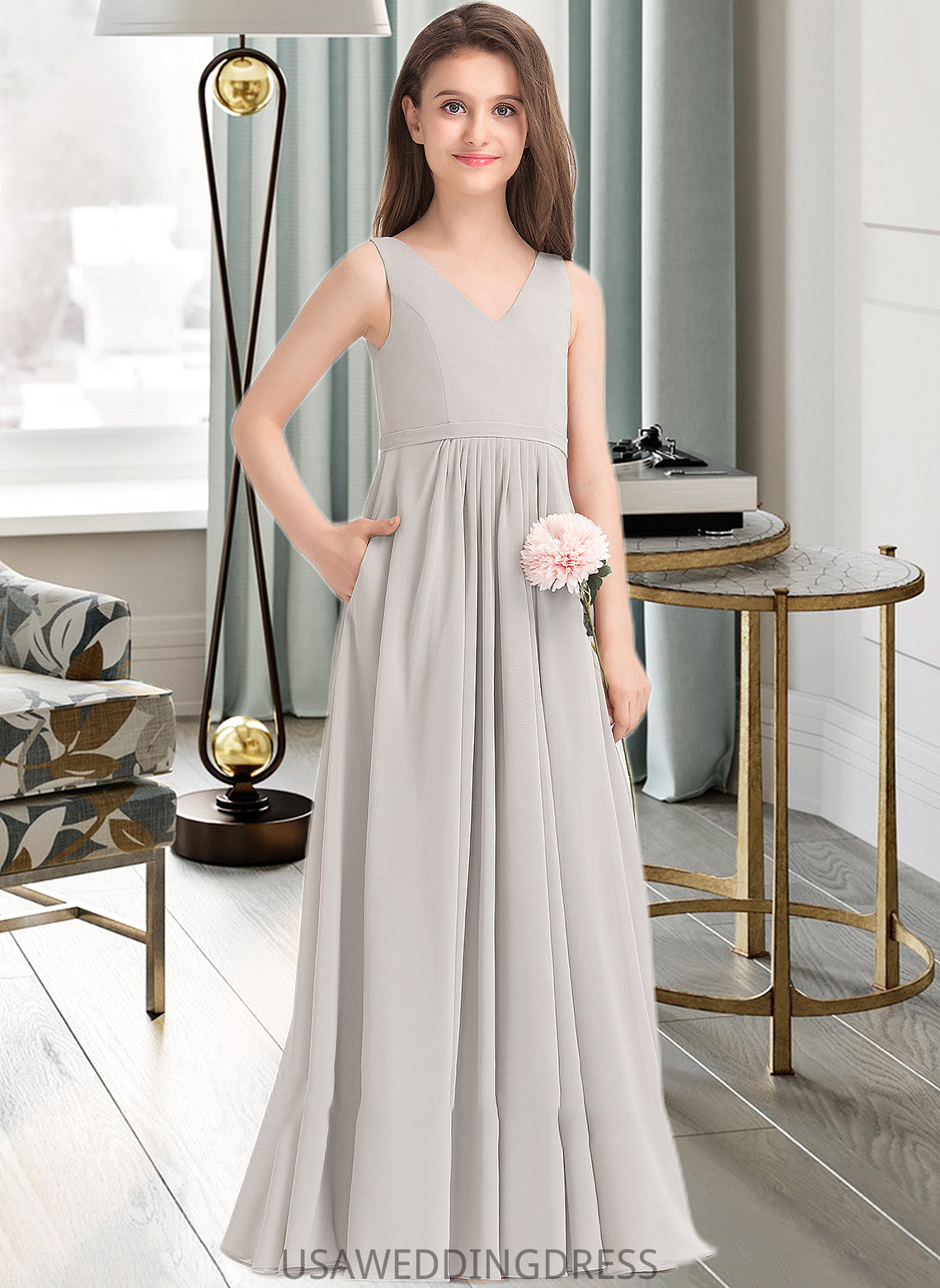 Alyson A-Line V-neck Floor-Length Chiffon Junior Bridesmaid Dress With Pockets DSP0013446