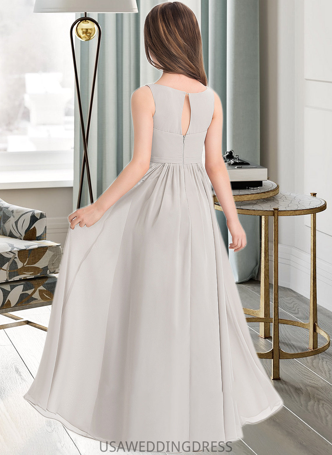 Alyson A-Line V-neck Floor-Length Chiffon Junior Bridesmaid Dress With Pockets DSP0013446