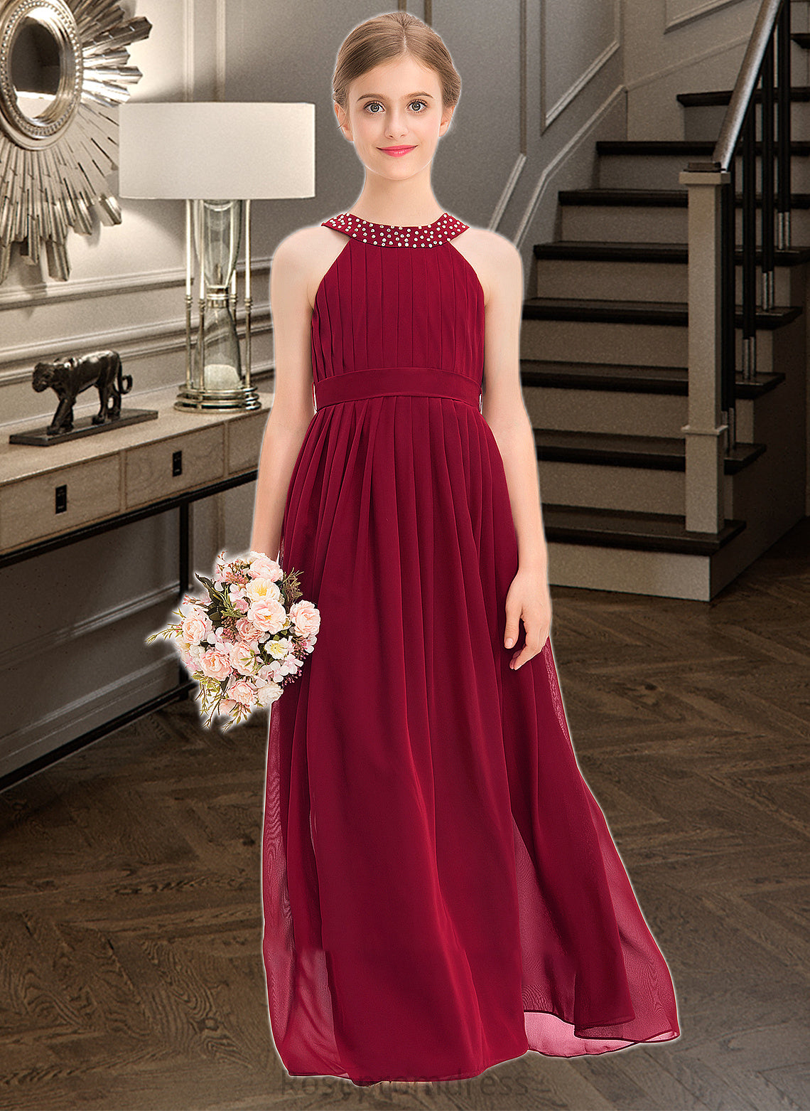 Kaya A-Line Scoop Neck Floor-Length Chiffon Junior Bridesmaid Dress With Ruffle Beading Bow(s) SRSP0013447