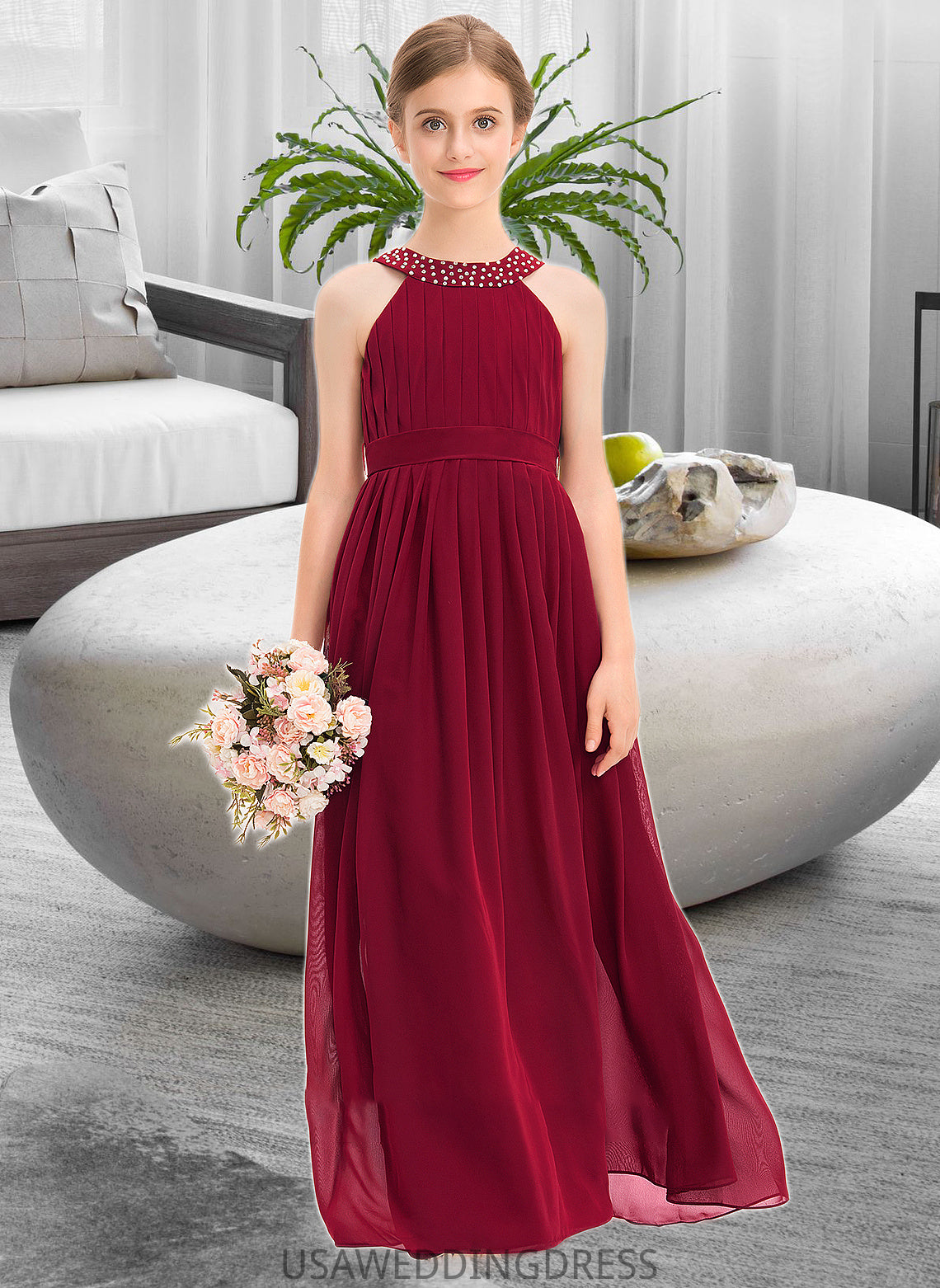 Lizeth A-Line Scoop Neck Floor-Length Chiffon Junior Bridesmaid Dress With Ruffle Beading Bow(s) DSP0013447