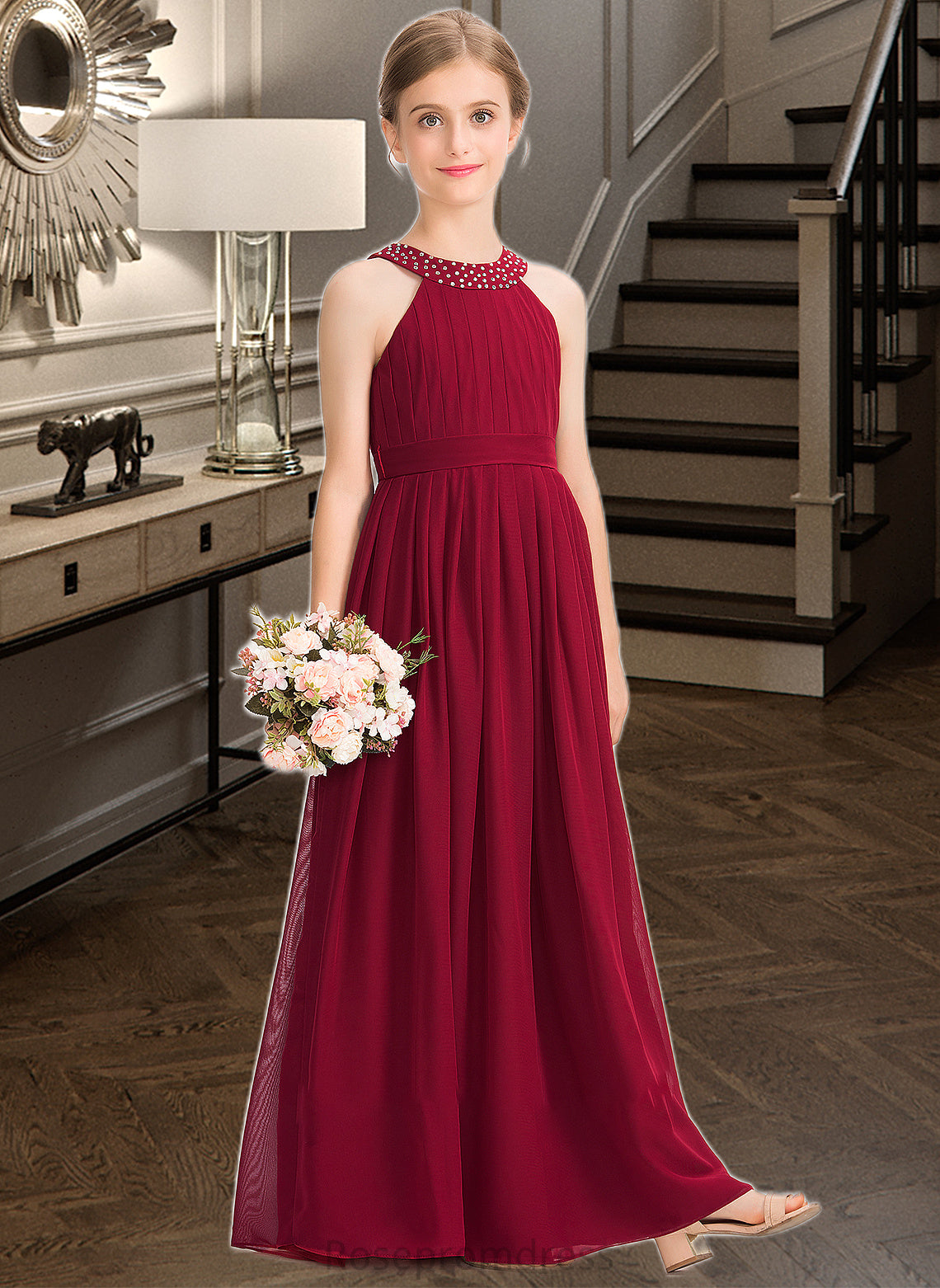 Kaya A-Line Scoop Neck Floor-Length Chiffon Junior Bridesmaid Dress With Ruffle Beading Bow(s) SRSP0013447