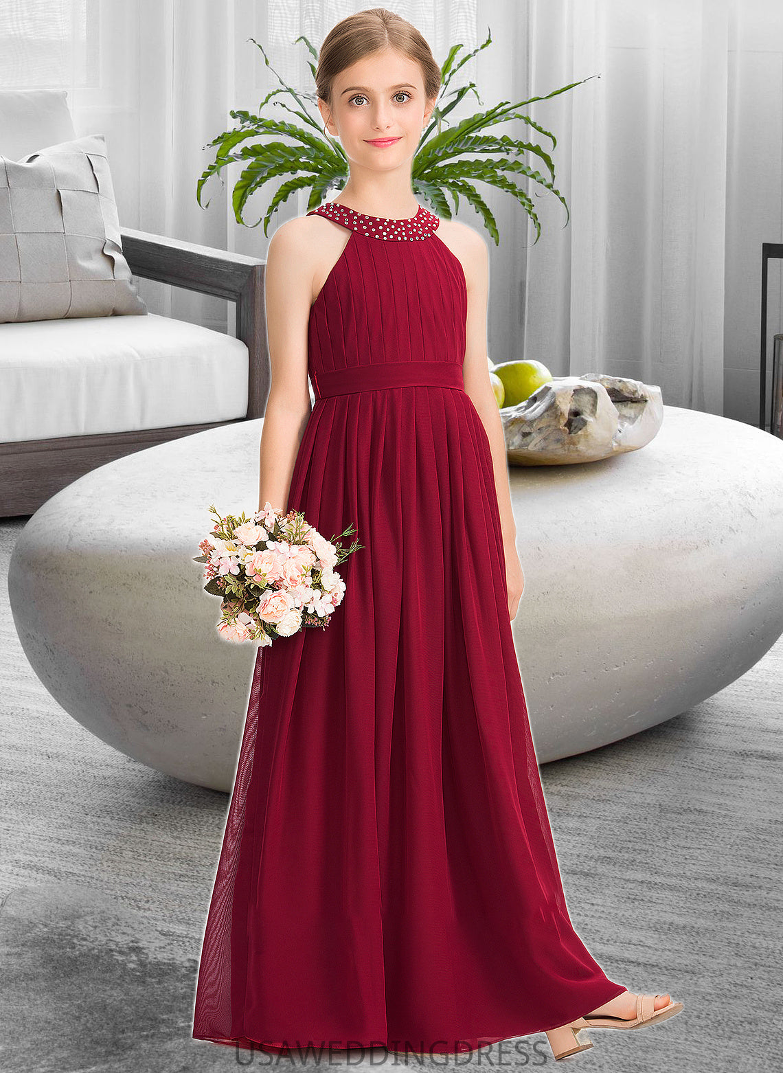 Lizeth A-Line Scoop Neck Floor-Length Chiffon Junior Bridesmaid Dress With Ruffle Beading Bow(s) DSP0013447