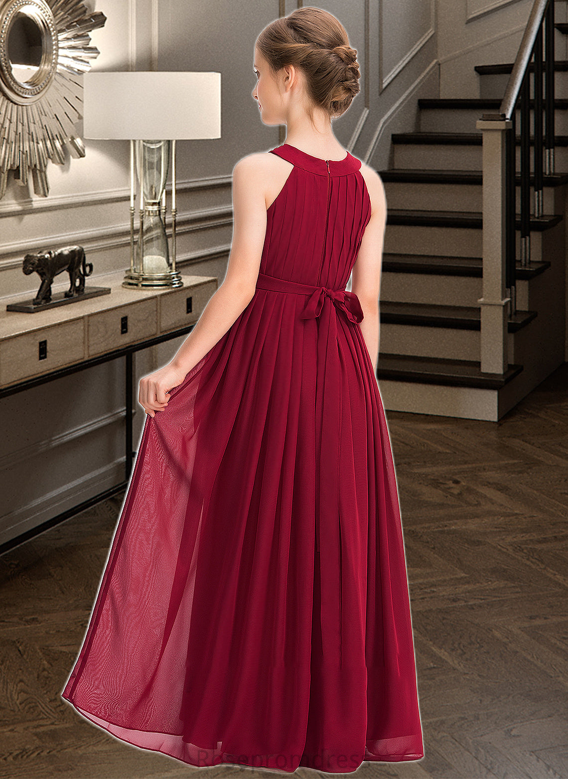 Kaya A-Line Scoop Neck Floor-Length Chiffon Junior Bridesmaid Dress With Ruffle Beading Bow(s) SRSP0013447