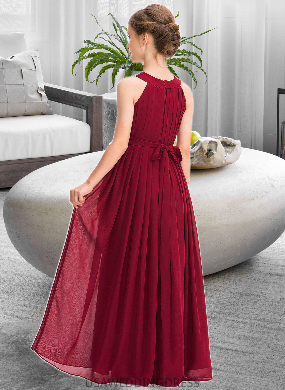 Lizeth A-Line Scoop Neck Floor-Length Chiffon Junior Bridesmaid Dress With Ruffle Beading Bow(s) DSP0013447