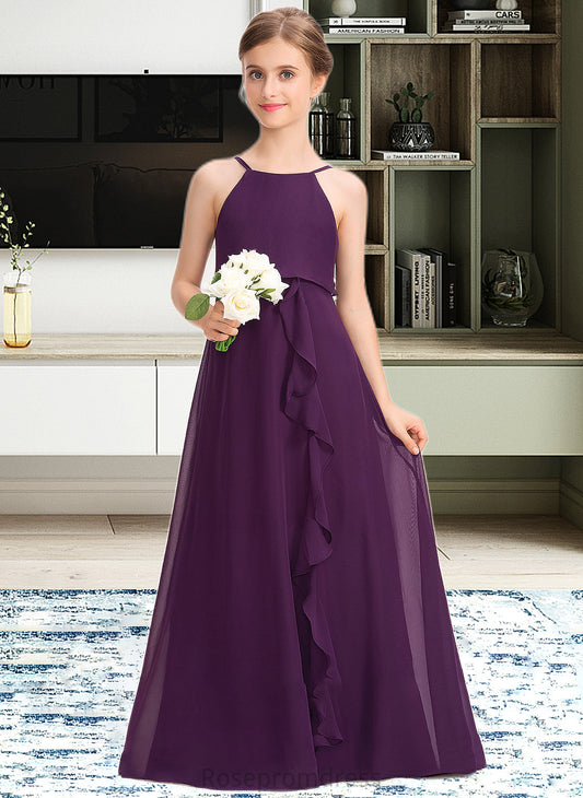 Everly A-Line Scoop Neck Floor-Length Chiffon Junior Bridesmaid Dress With Bow(s) Cascading Ruffles SRSP0013448