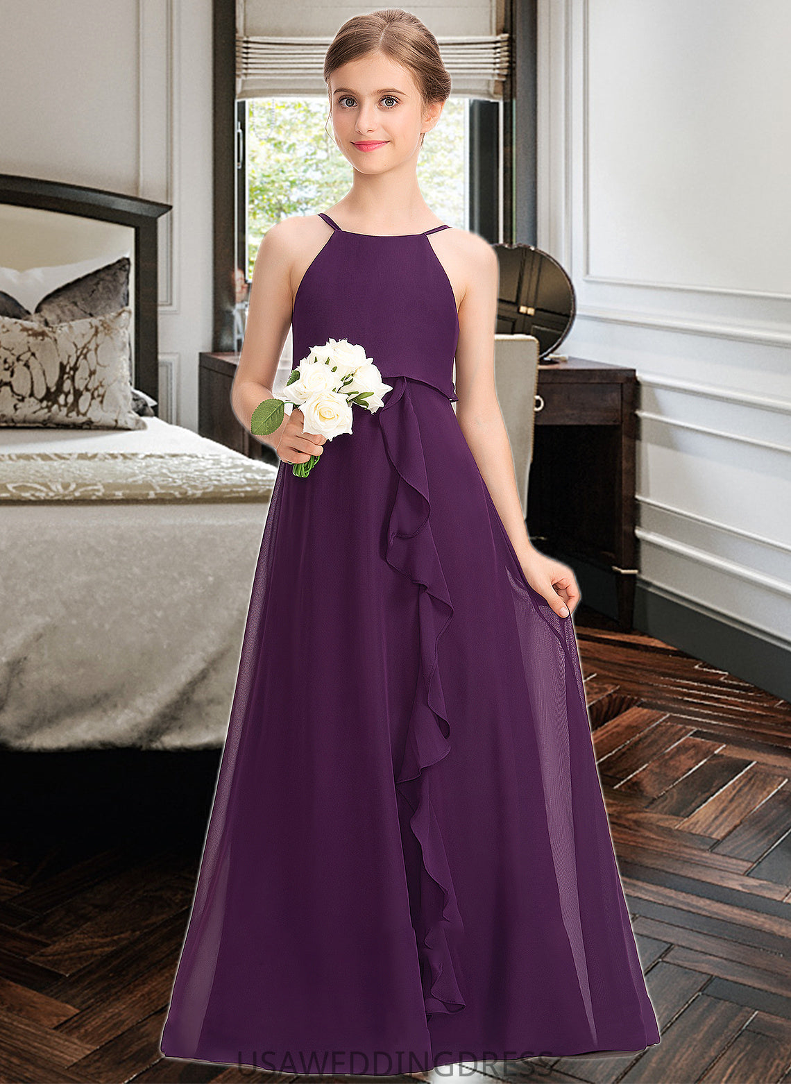 Abbie A-Line Scoop Neck Floor-Length Chiffon Junior Bridesmaid Dress With Bow(s) Cascading Ruffles DSP0013448