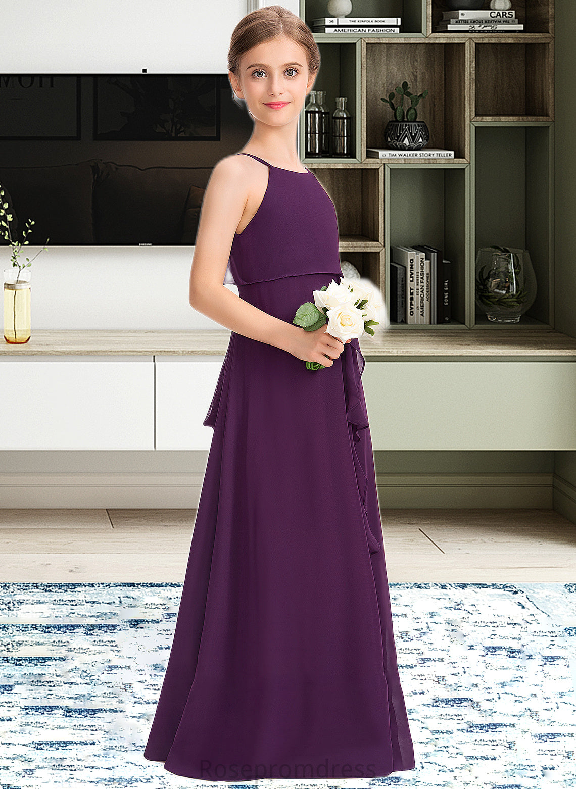 Everly A-Line Scoop Neck Floor-Length Chiffon Junior Bridesmaid Dress With Bow(s) Cascading Ruffles SRSP0013448