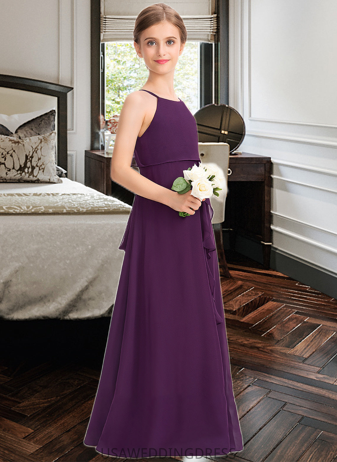 Abbie A-Line Scoop Neck Floor-Length Chiffon Junior Bridesmaid Dress With Bow(s) Cascading Ruffles DSP0013448