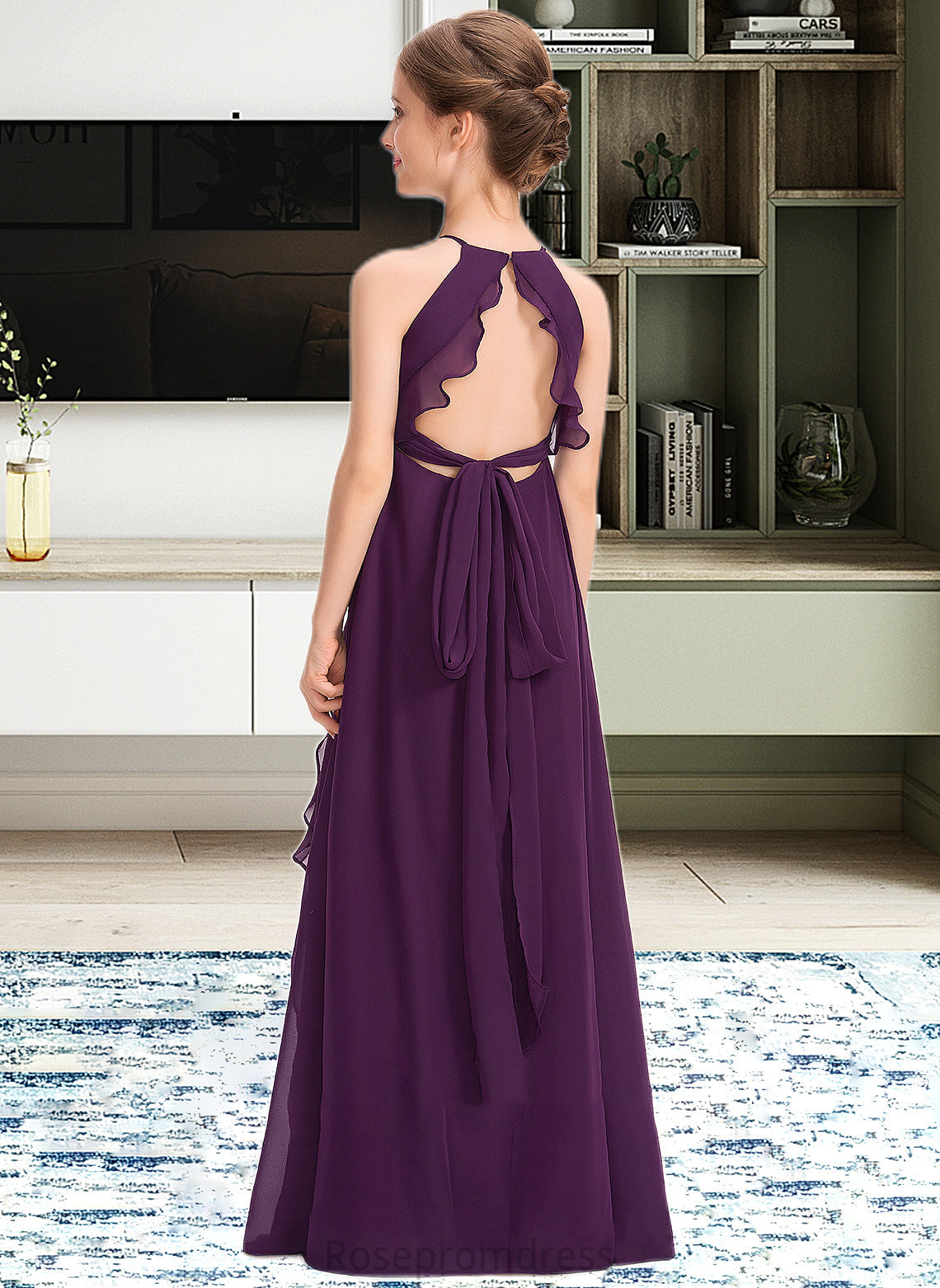 Everly A-Line Scoop Neck Floor-Length Chiffon Junior Bridesmaid Dress With Bow(s) Cascading Ruffles SRSP0013448