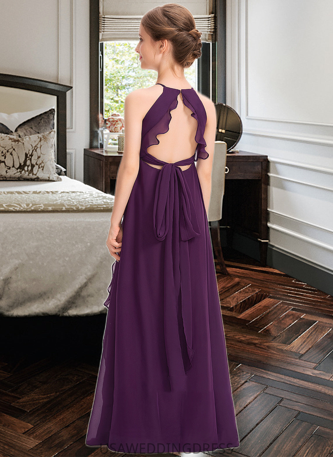 Abbie A-Line Scoop Neck Floor-Length Chiffon Junior Bridesmaid Dress With Bow(s) Cascading Ruffles DSP0013448