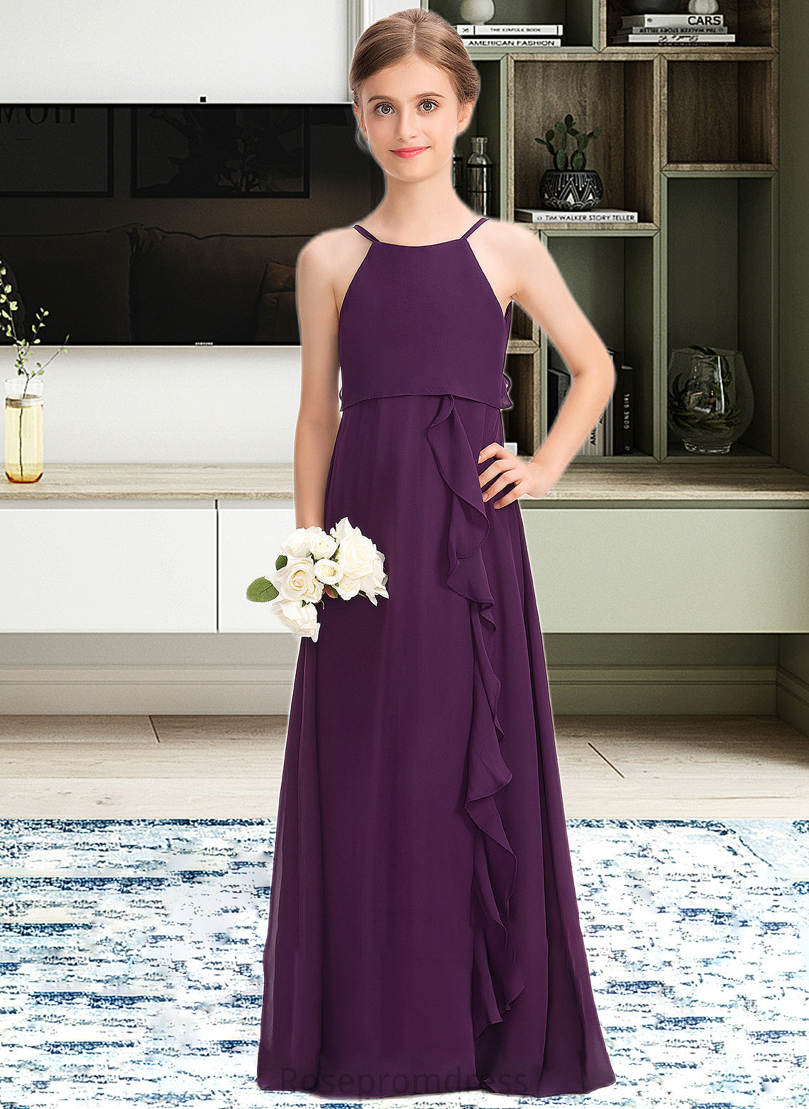 Everly A-Line Scoop Neck Floor-Length Chiffon Junior Bridesmaid Dress With Bow(s) Cascading Ruffles SRSP0013448