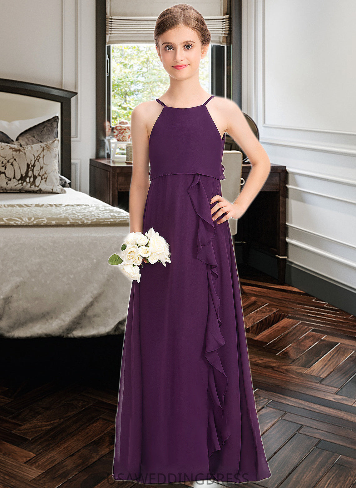 Abbie A-Line Scoop Neck Floor-Length Chiffon Junior Bridesmaid Dress With Bow(s) Cascading Ruffles DSP0013448