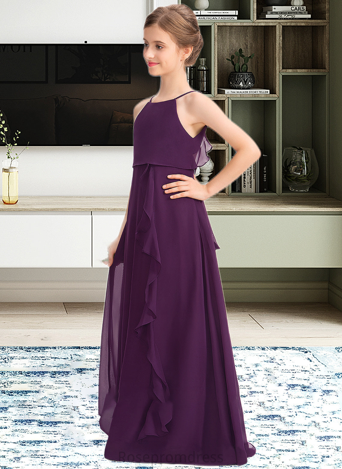 Everly A-Line Scoop Neck Floor-Length Chiffon Junior Bridesmaid Dress With Bow(s) Cascading Ruffles SRSP0013448