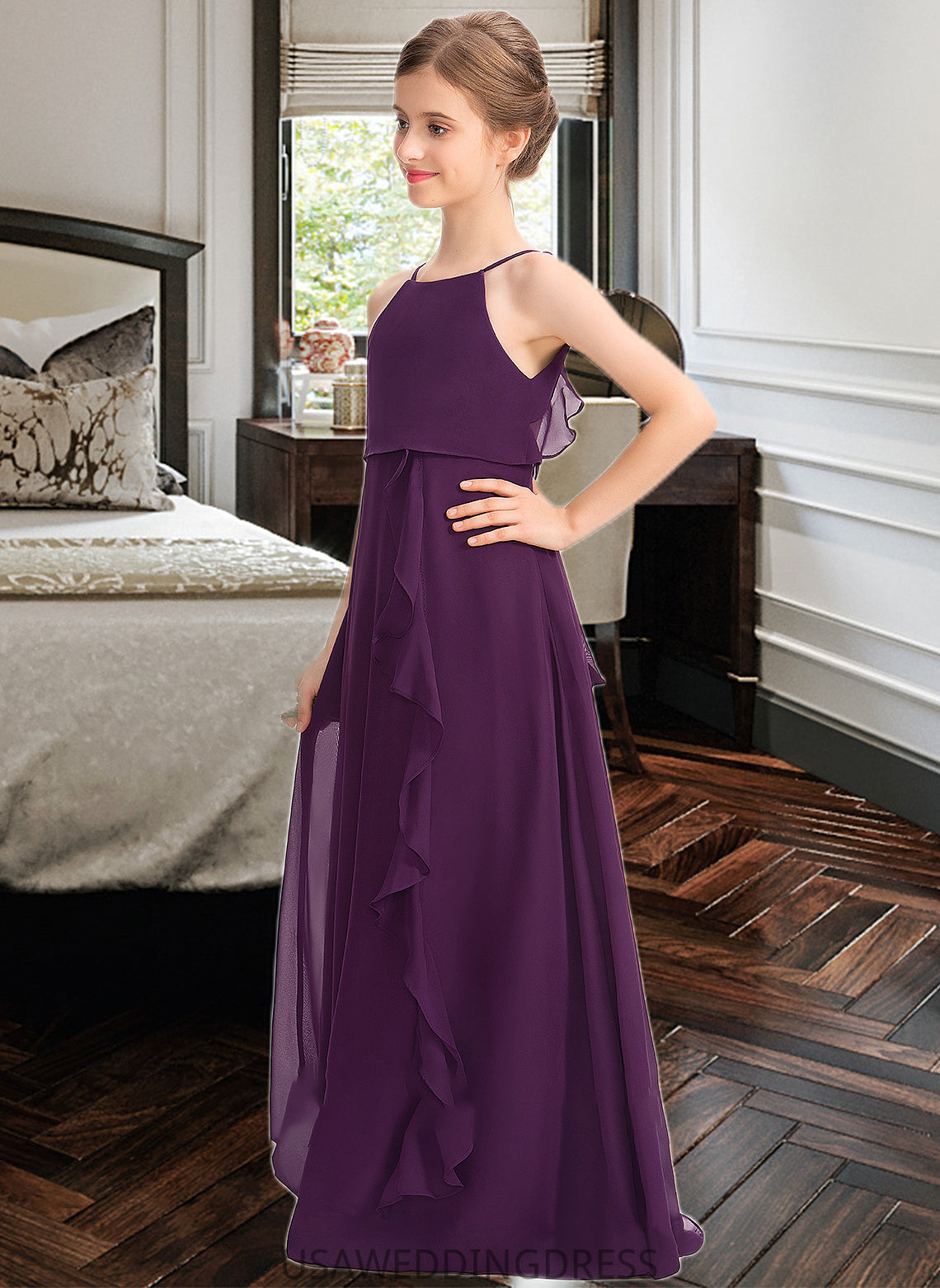 Abbie A-Line Scoop Neck Floor-Length Chiffon Junior Bridesmaid Dress With Bow(s) Cascading Ruffles DSP0013448