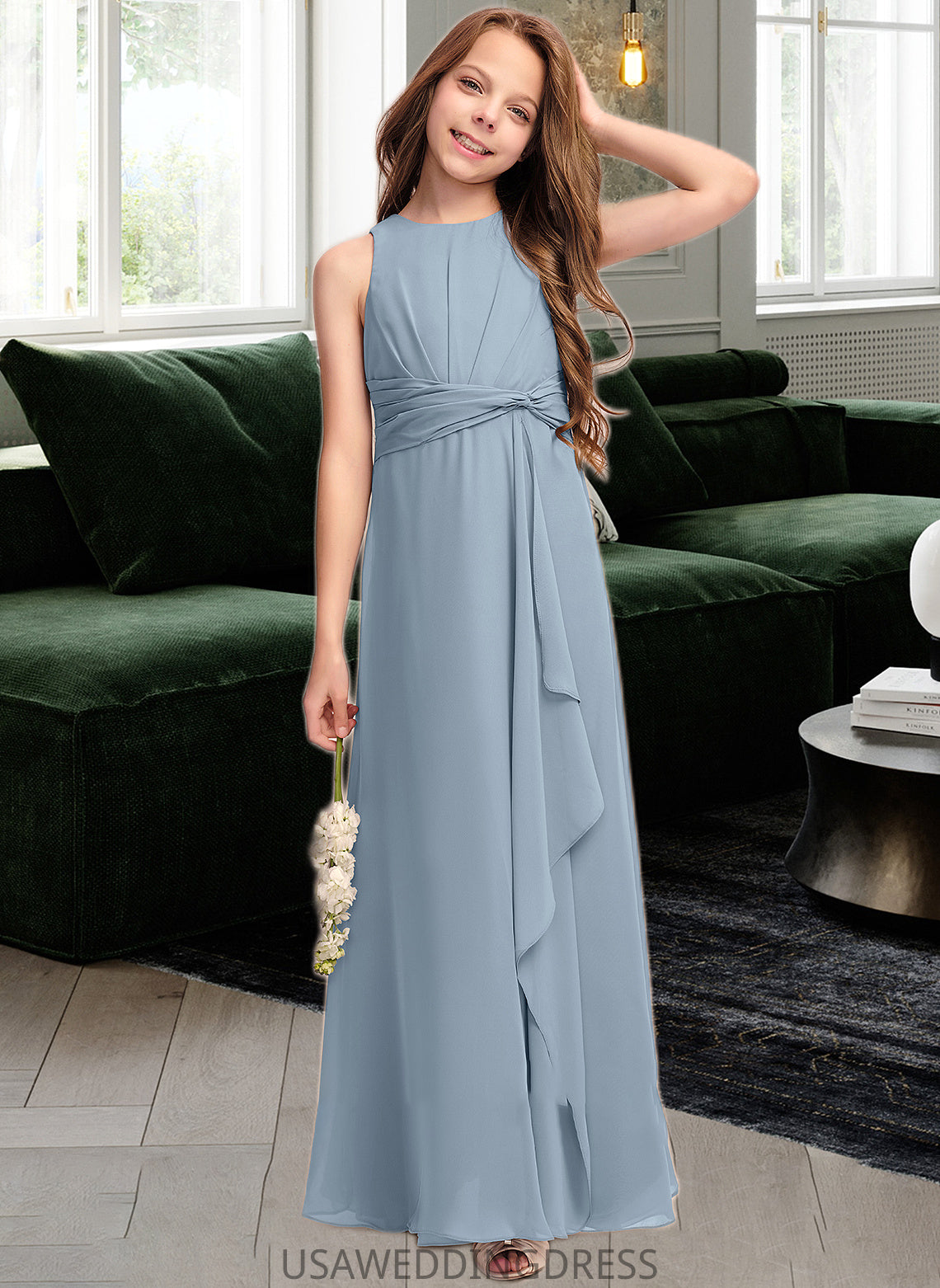 Marlene A-Line Scoop Neck Floor-Length Chiffon Junior Bridesmaid Dress With Cascading Ruffles DSP0013450