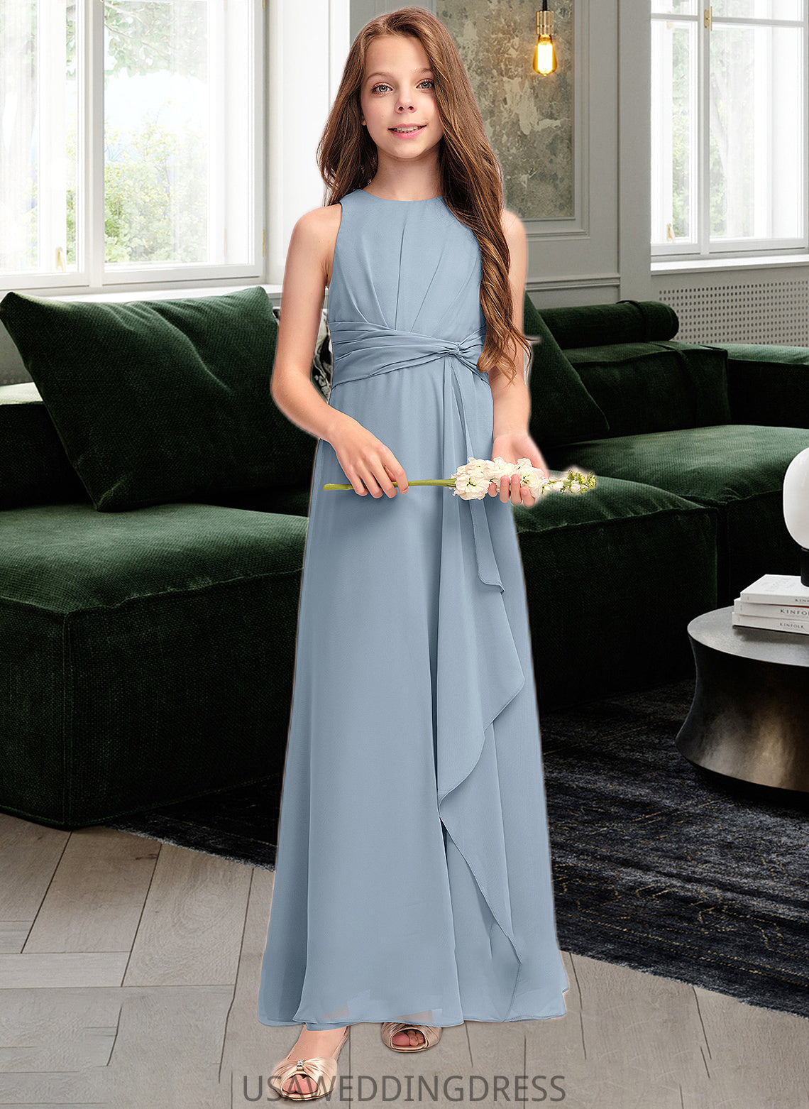 Marlene A-Line Scoop Neck Floor-Length Chiffon Junior Bridesmaid Dress With Cascading Ruffles DSP0013450