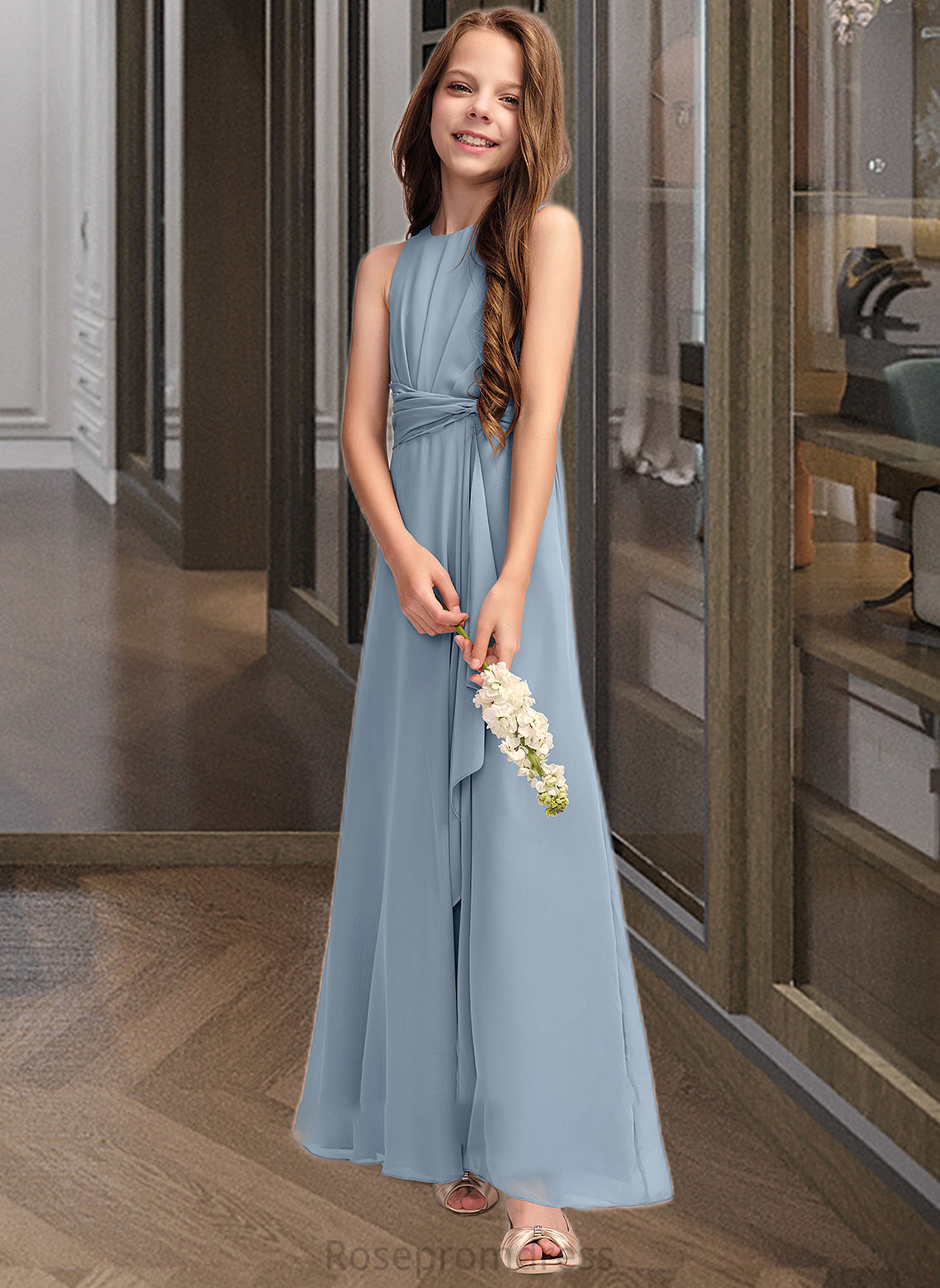 Kaitlin A-Line Scoop Neck Floor-Length Chiffon Junior Bridesmaid Dress With Cascading Ruffles SRSP0013450