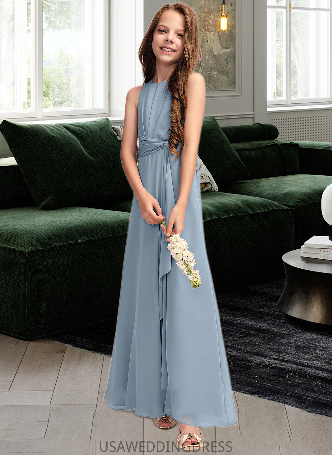 Marlene A-Line Scoop Neck Floor-Length Chiffon Junior Bridesmaid Dress With Cascading Ruffles DSP0013450