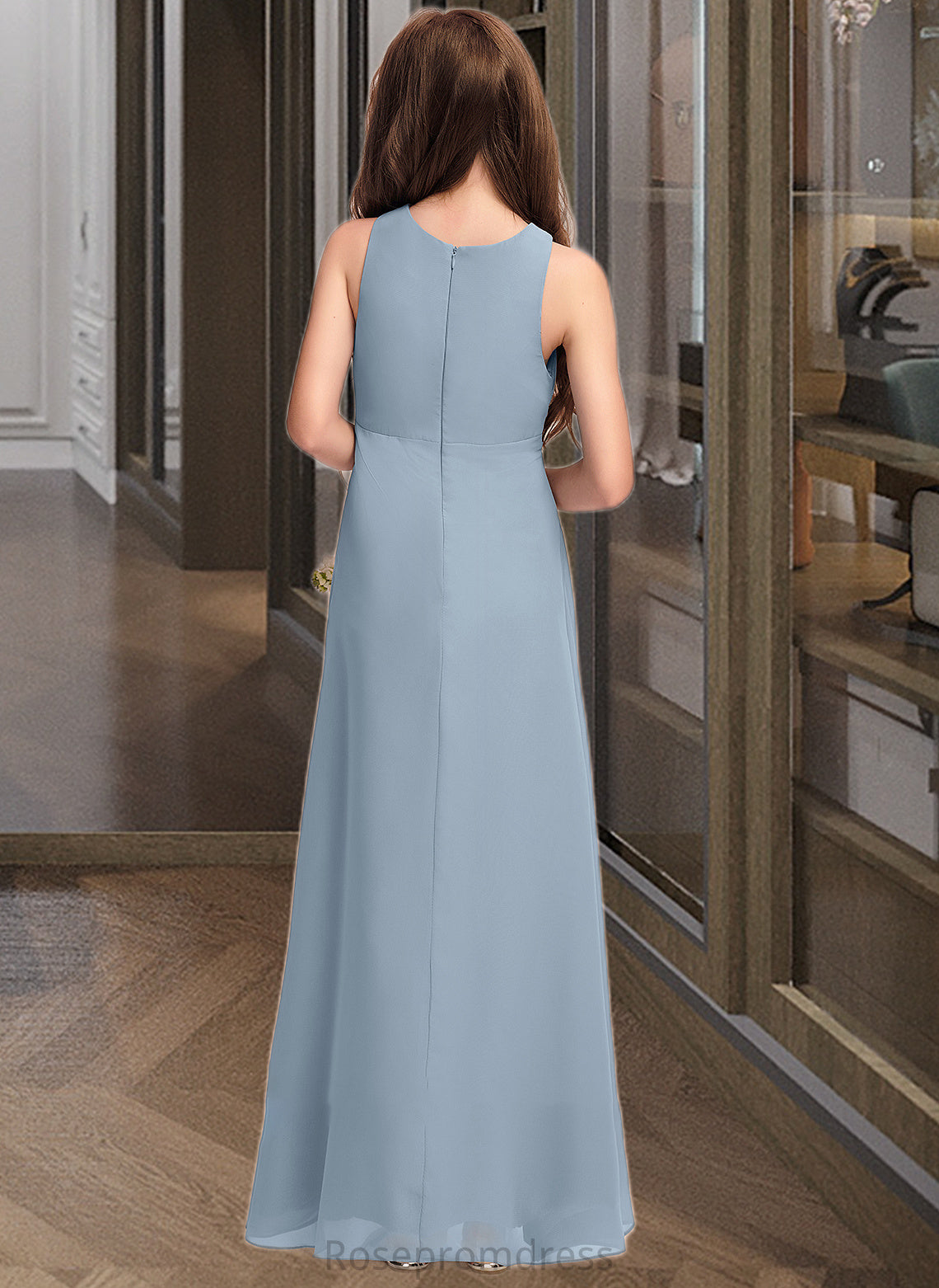 Kaitlin A-Line Scoop Neck Floor-Length Chiffon Junior Bridesmaid Dress With Cascading Ruffles SRSP0013450