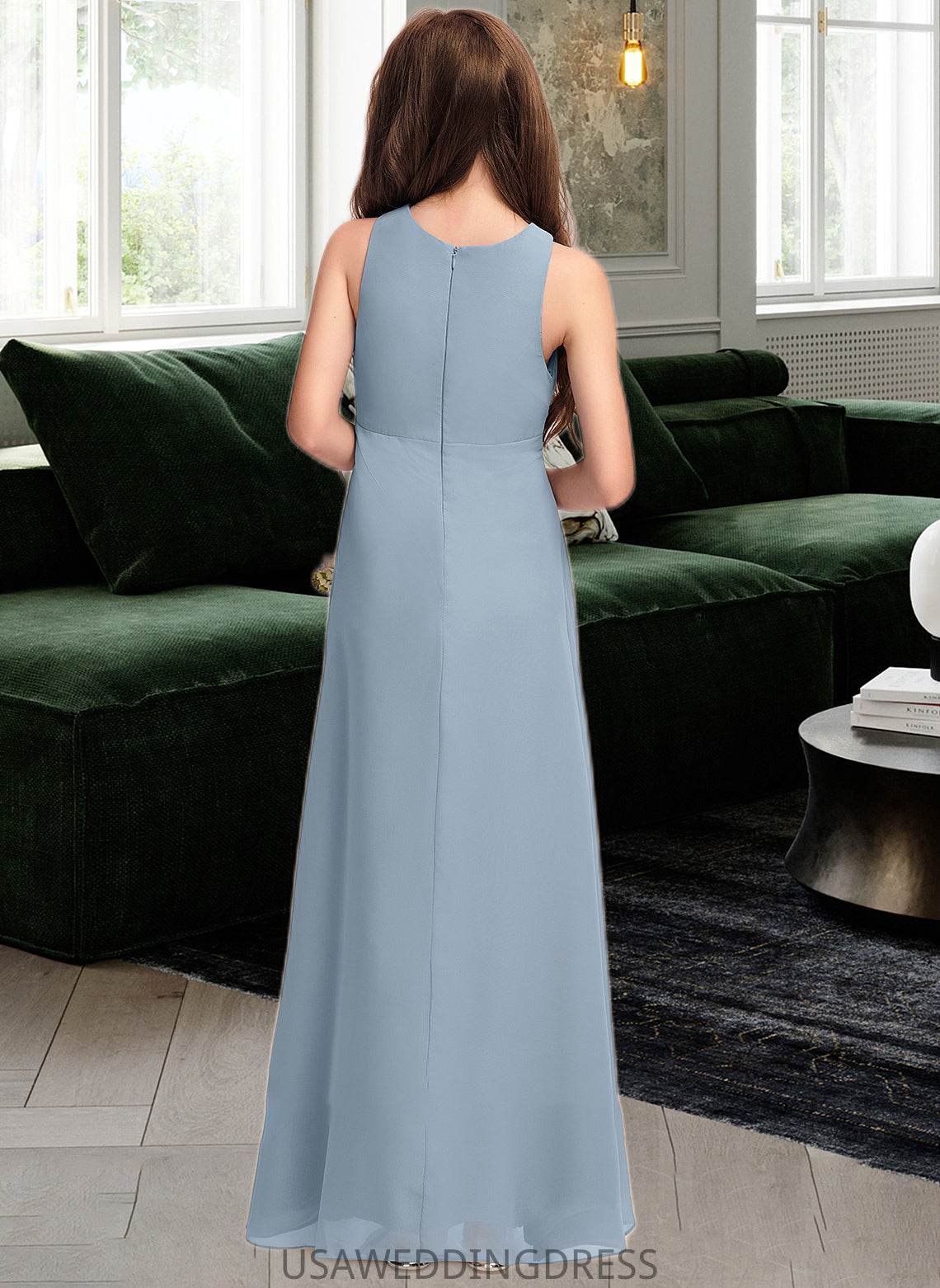 Marlene A-Line Scoop Neck Floor-Length Chiffon Junior Bridesmaid Dress With Cascading Ruffles DSP0013450