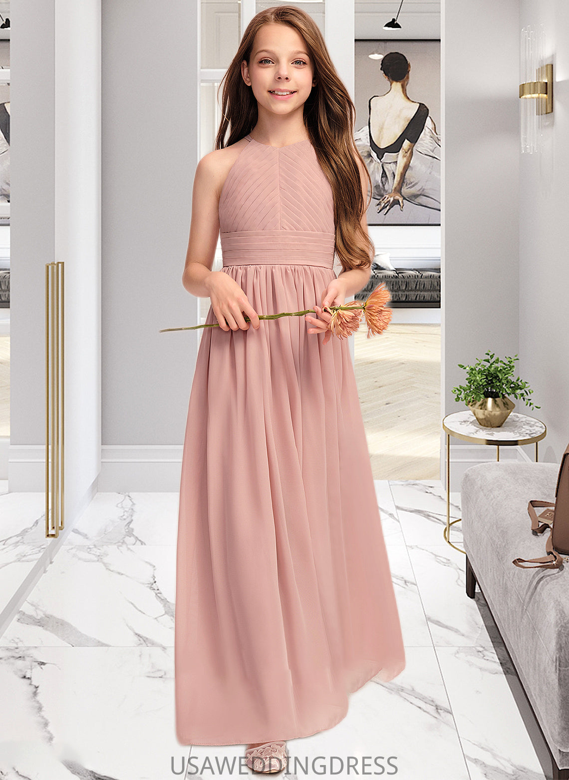 Aiyana A-Line Scoop Neck Floor-Length Chiffon Junior Bridesmaid Dress With Ruffle DSP0013451