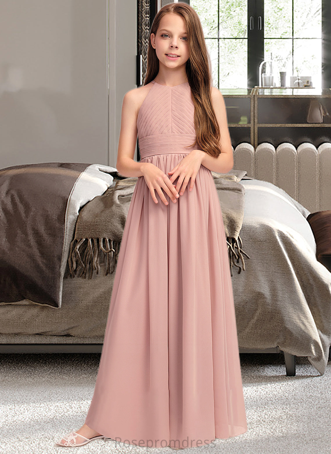 Toni A-Line Scoop Neck Floor-Length Chiffon Junior Bridesmaid Dress With Ruffle SRSP0013451