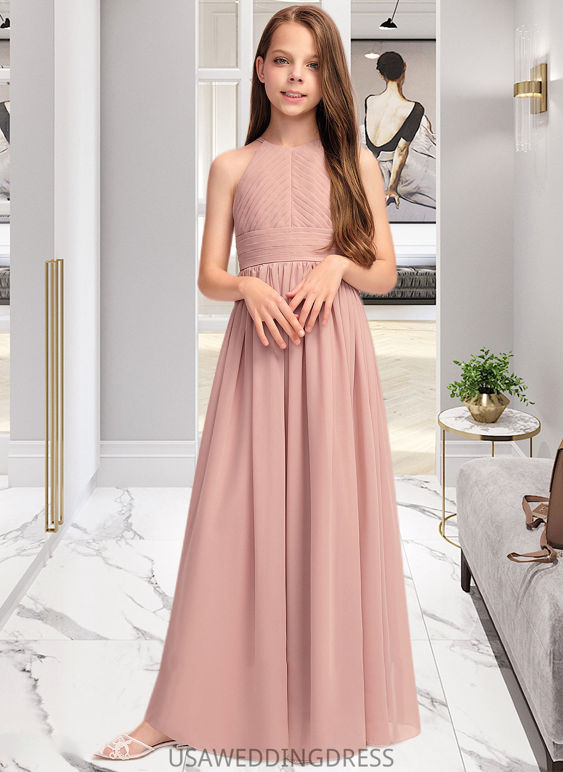 Aiyana A-Line Scoop Neck Floor-Length Chiffon Junior Bridesmaid Dress With Ruffle DSP0013451