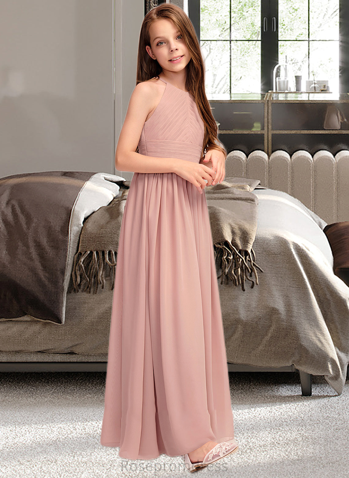 Toni A-Line Scoop Neck Floor-Length Chiffon Junior Bridesmaid Dress With Ruffle SRSP0013451