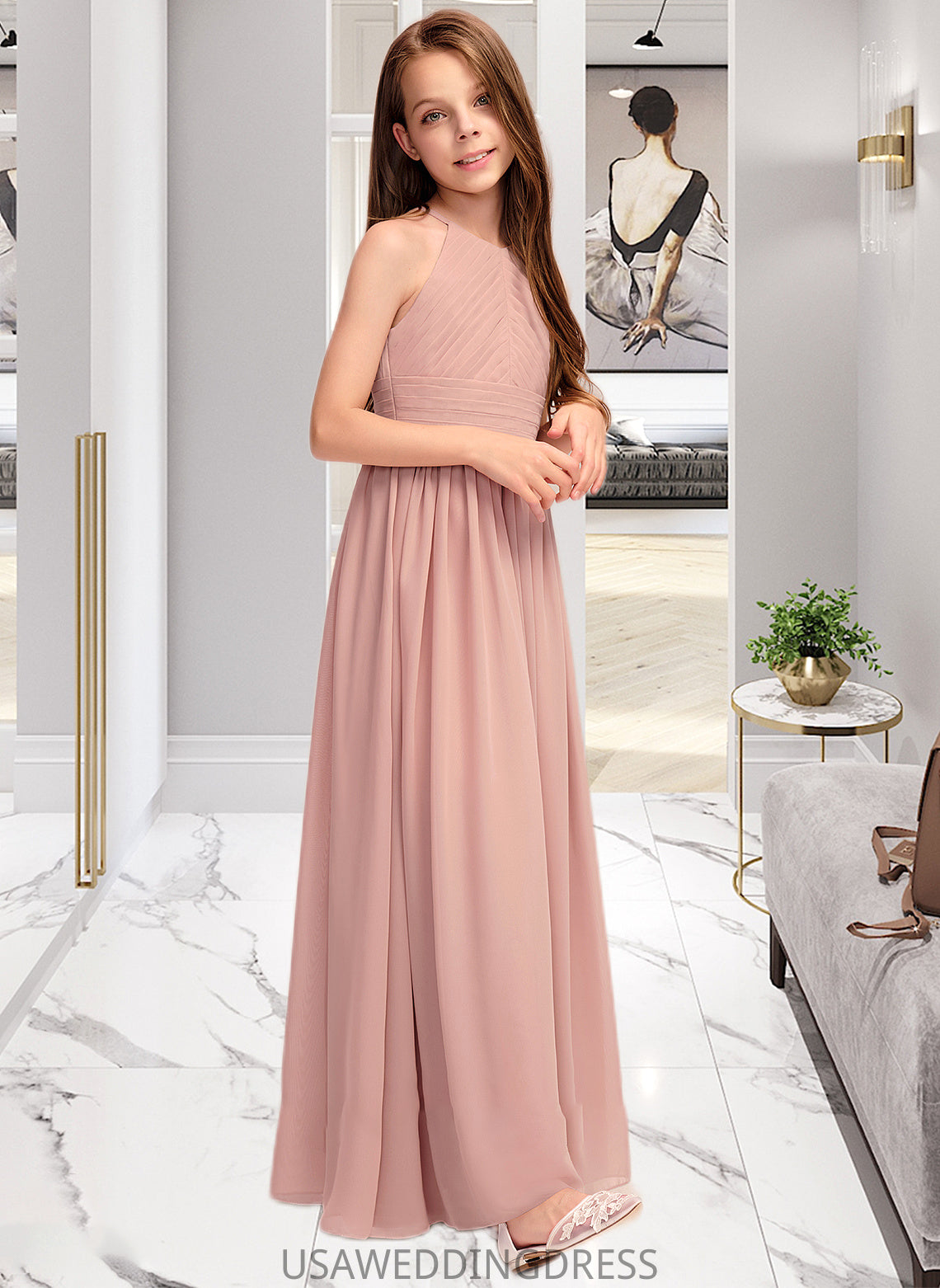 Aiyana A-Line Scoop Neck Floor-Length Chiffon Junior Bridesmaid Dress With Ruffle DSP0013451