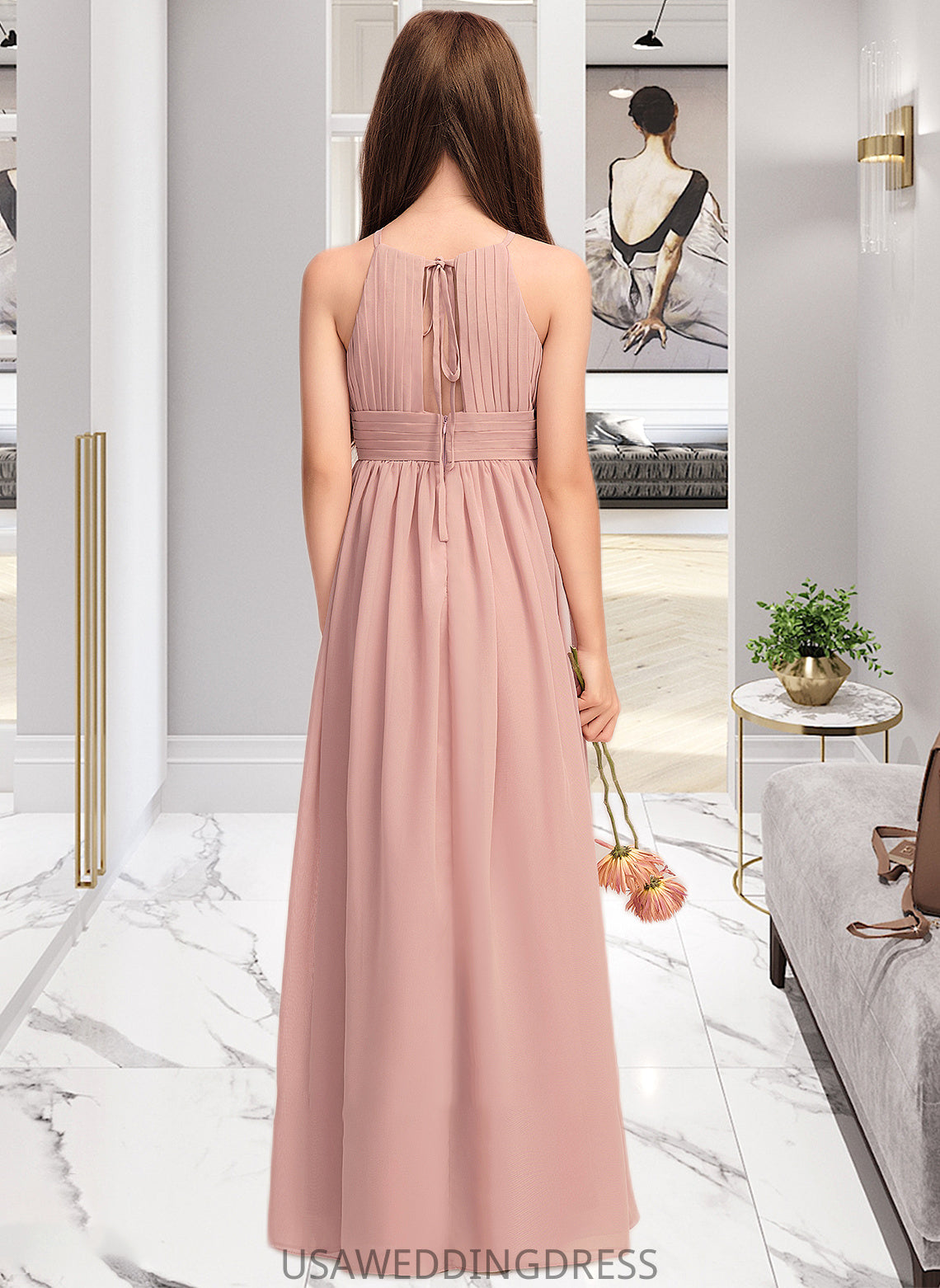 Aiyana A-Line Scoop Neck Floor-Length Chiffon Junior Bridesmaid Dress With Ruffle DSP0013451