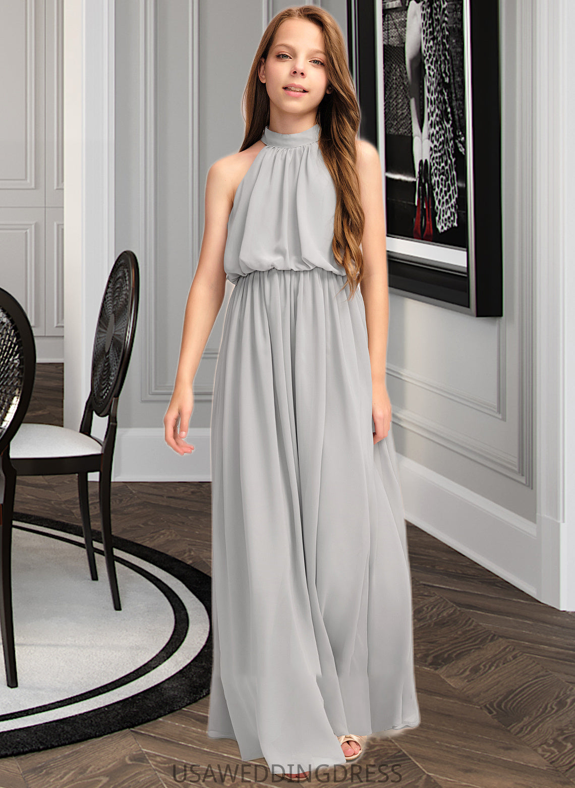 Josie A-Line High Neck Floor-Length Chiffon Junior Bridesmaid Dress With Ruffle DSP0013452