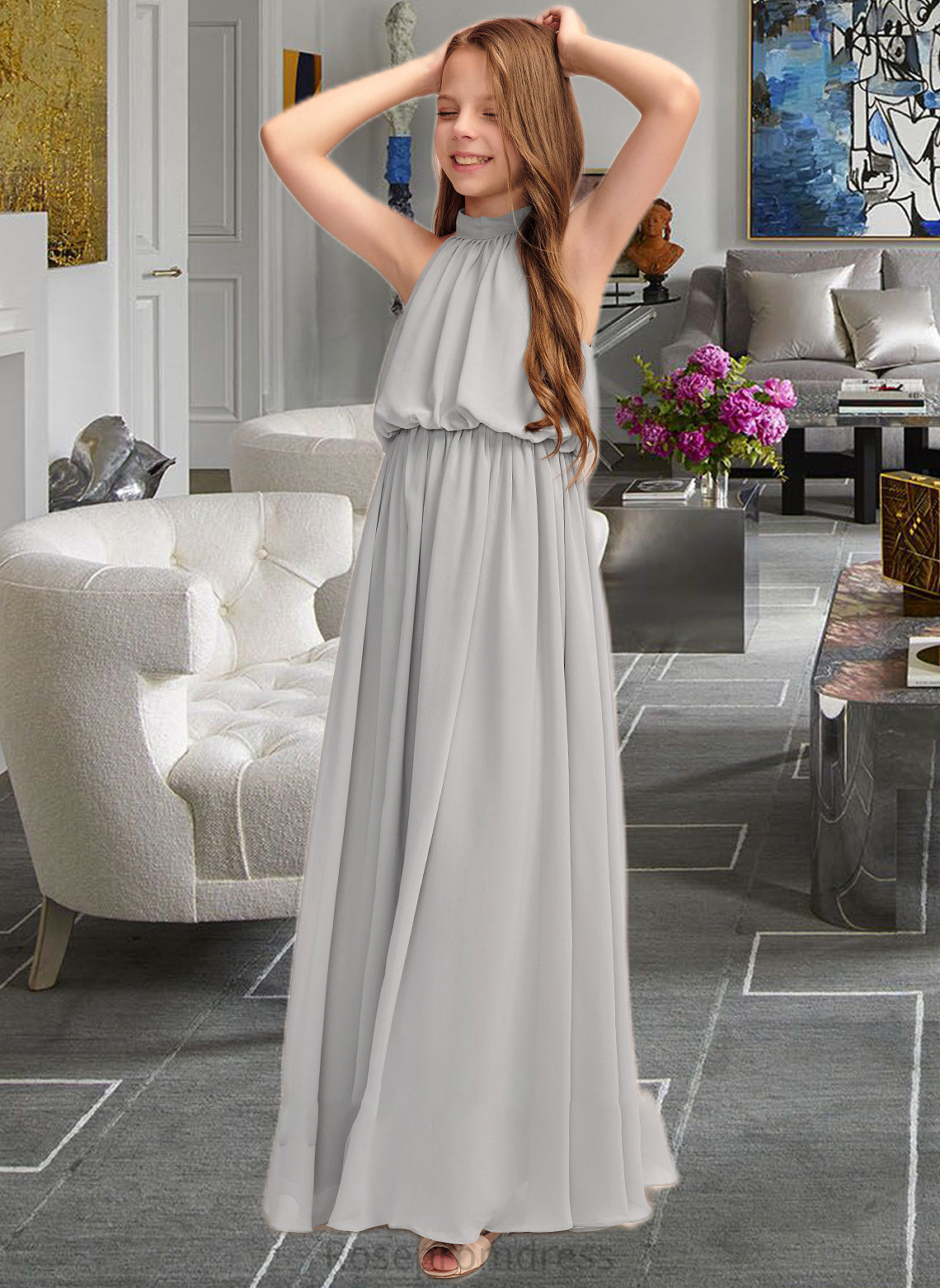 Paisley A-Line High Neck Floor-Length Chiffon Junior Bridesmaid Dress With Ruffle SRSP0013452