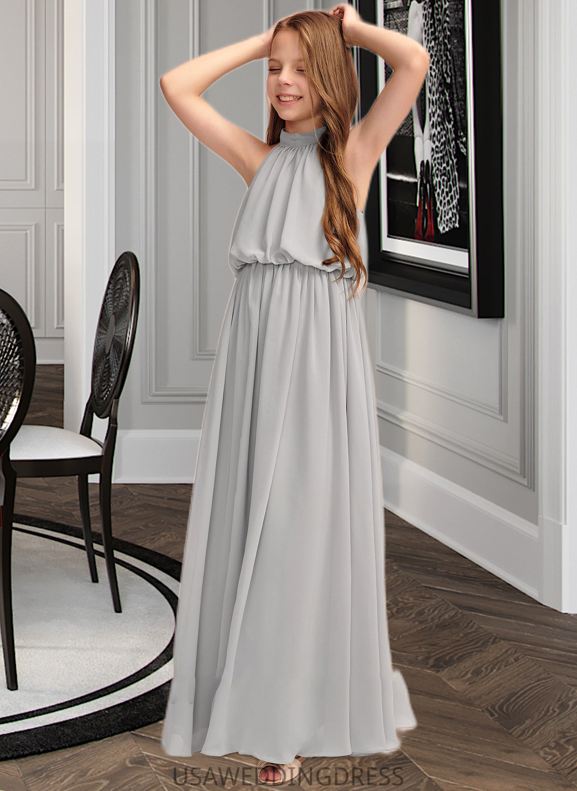 Josie A-Line High Neck Floor-Length Chiffon Junior Bridesmaid Dress With Ruffle DSP0013452