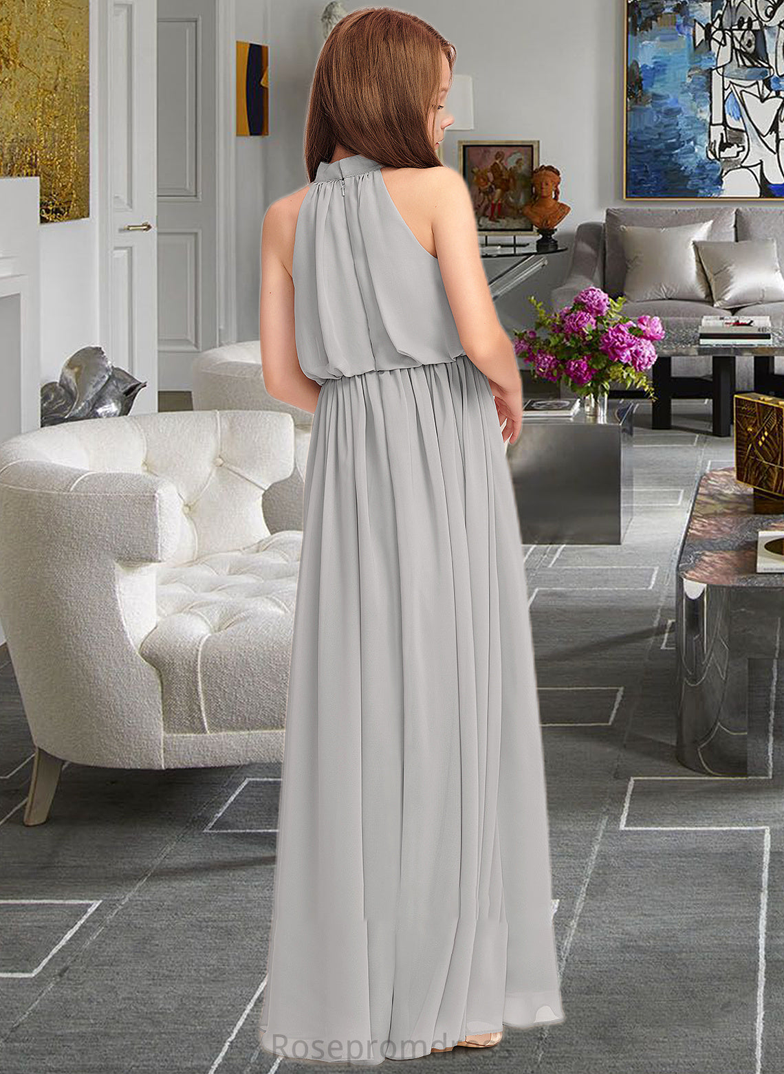 Paisley A-Line High Neck Floor-Length Chiffon Junior Bridesmaid Dress With Ruffle SRSP0013452