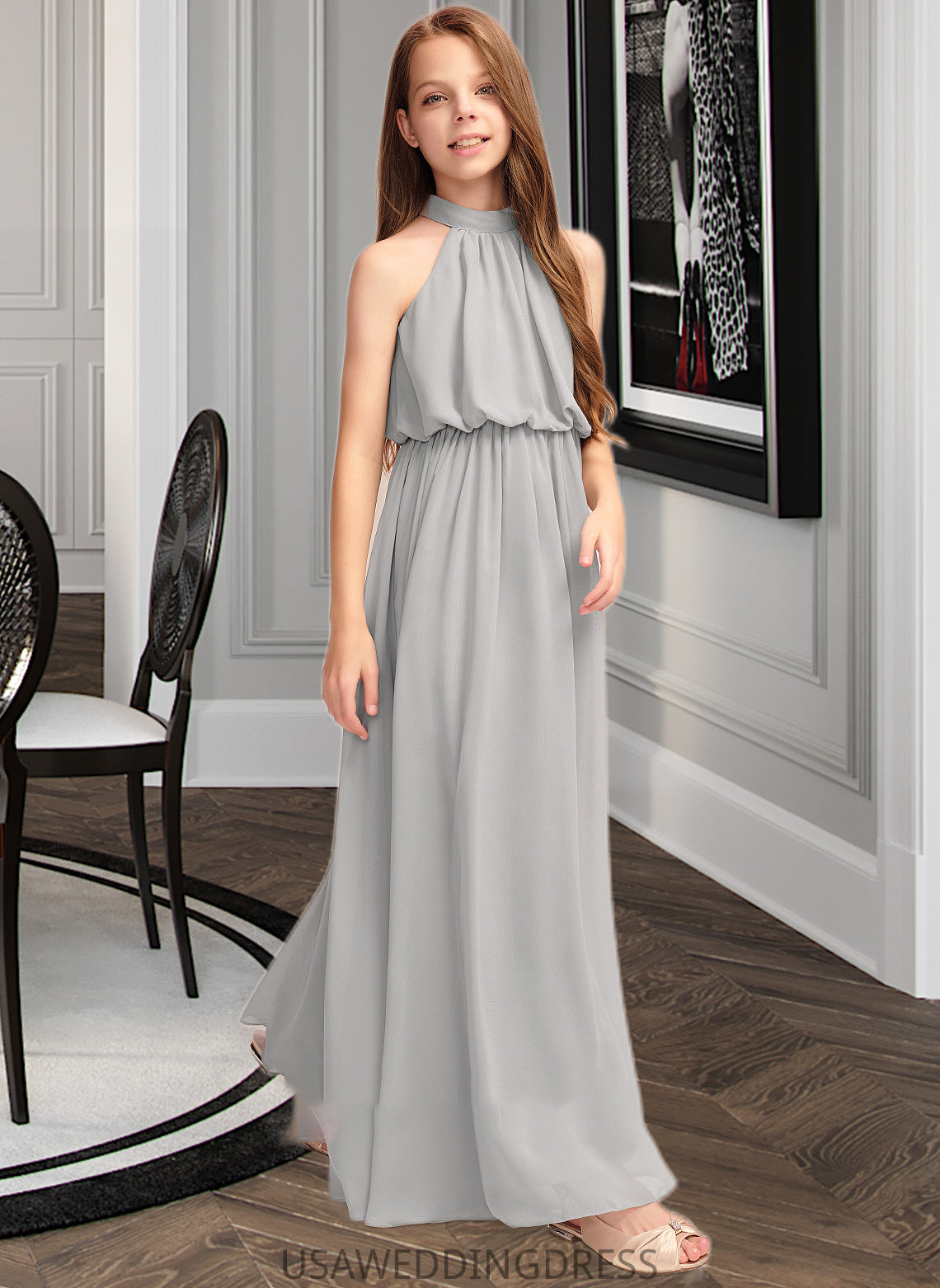 Josie A-Line High Neck Floor-Length Chiffon Junior Bridesmaid Dress With Ruffle DSP0013452