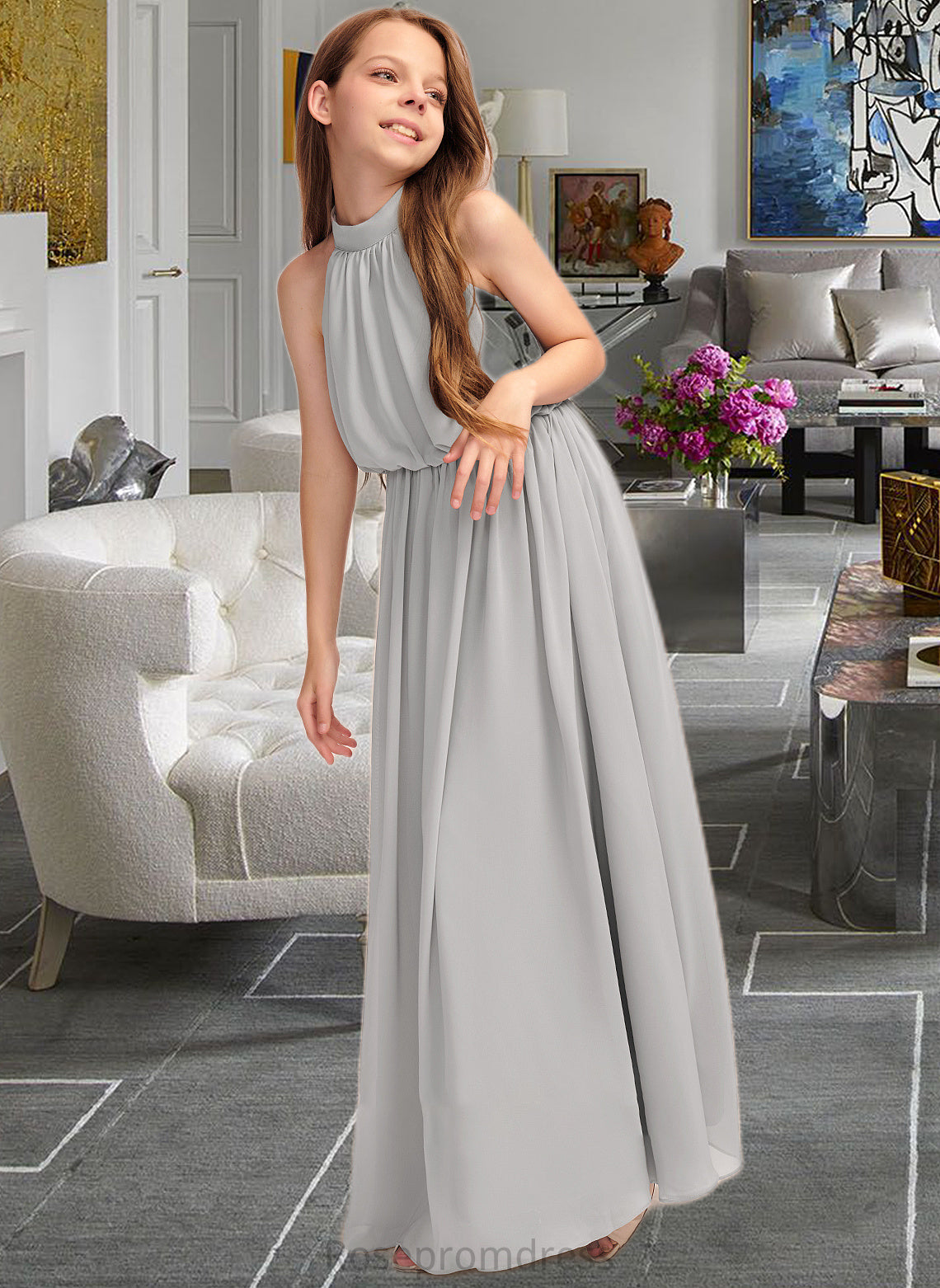 Paisley A-Line High Neck Floor-Length Chiffon Junior Bridesmaid Dress With Ruffle SRSP0013452