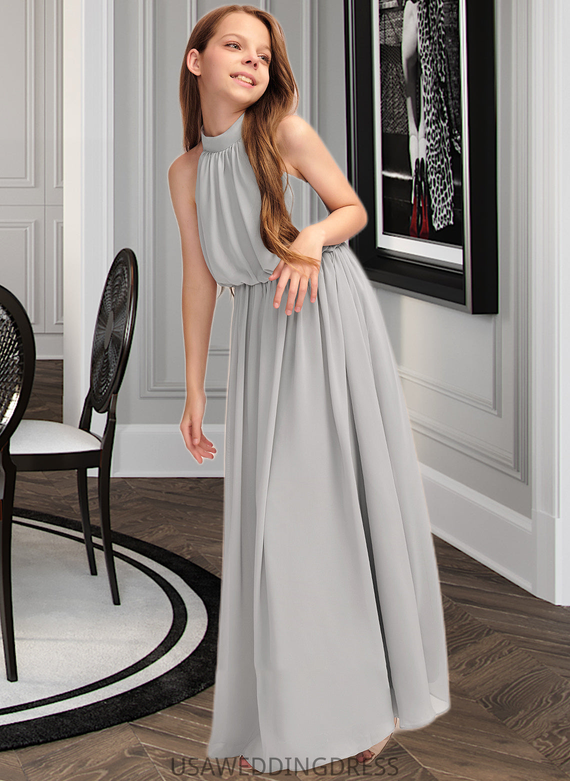 Josie A-Line High Neck Floor-Length Chiffon Junior Bridesmaid Dress With Ruffle DSP0013452