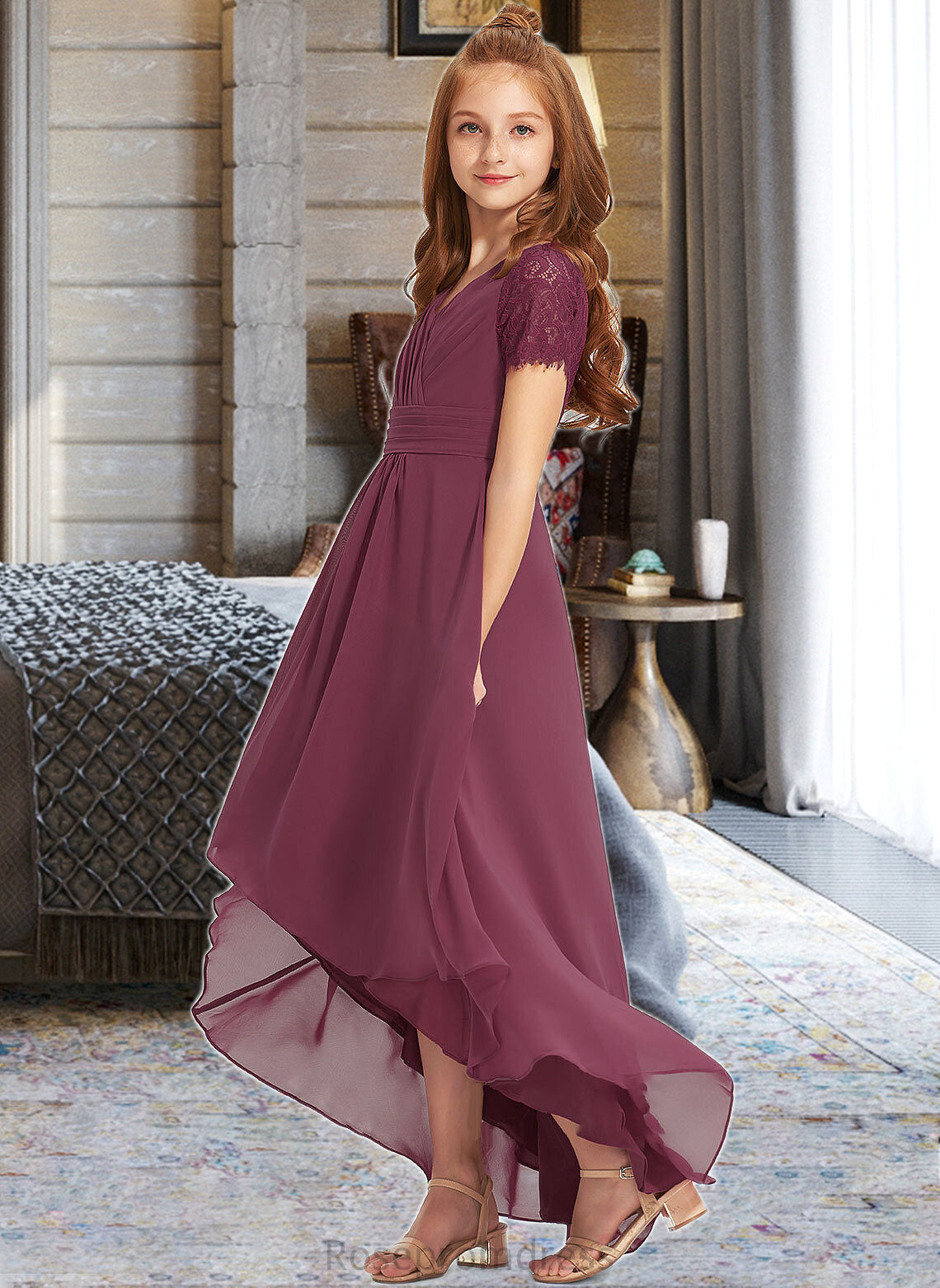 Kyla A-Line V-neck Asymmetrical Chiffon Lace Junior Bridesmaid Dress With Ruffle SRSP0013453