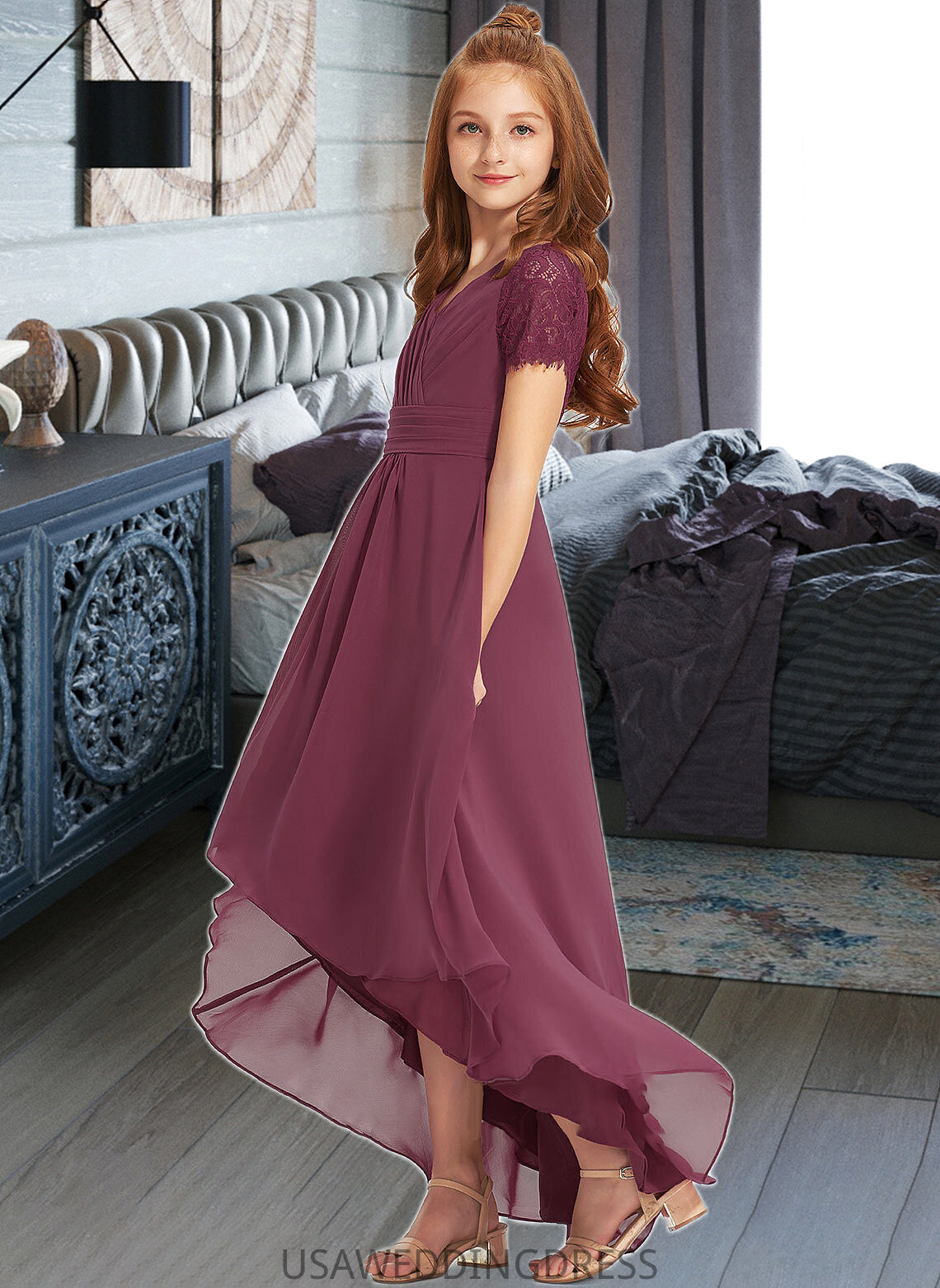 Gertie A-Line V-neck Asymmetrical Chiffon Lace Junior Bridesmaid Dress With Ruffle DSP0013453