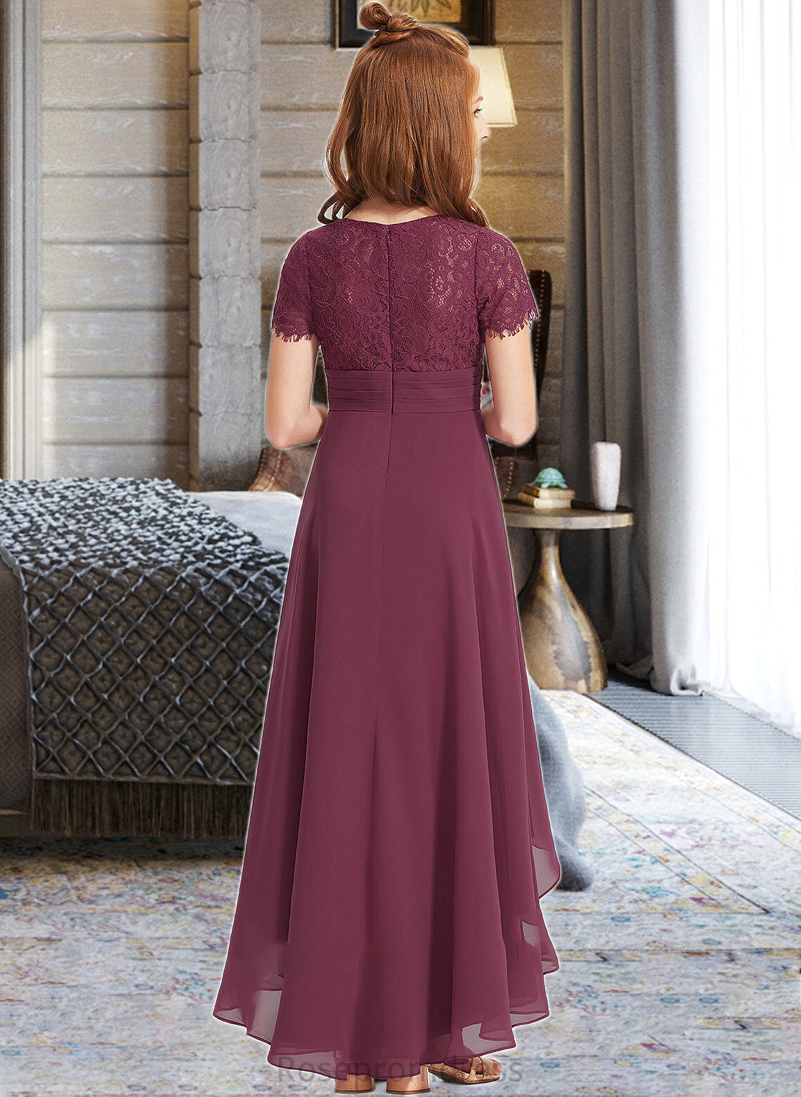 Kyla A-Line V-neck Asymmetrical Chiffon Lace Junior Bridesmaid Dress With Ruffle SRSP0013453